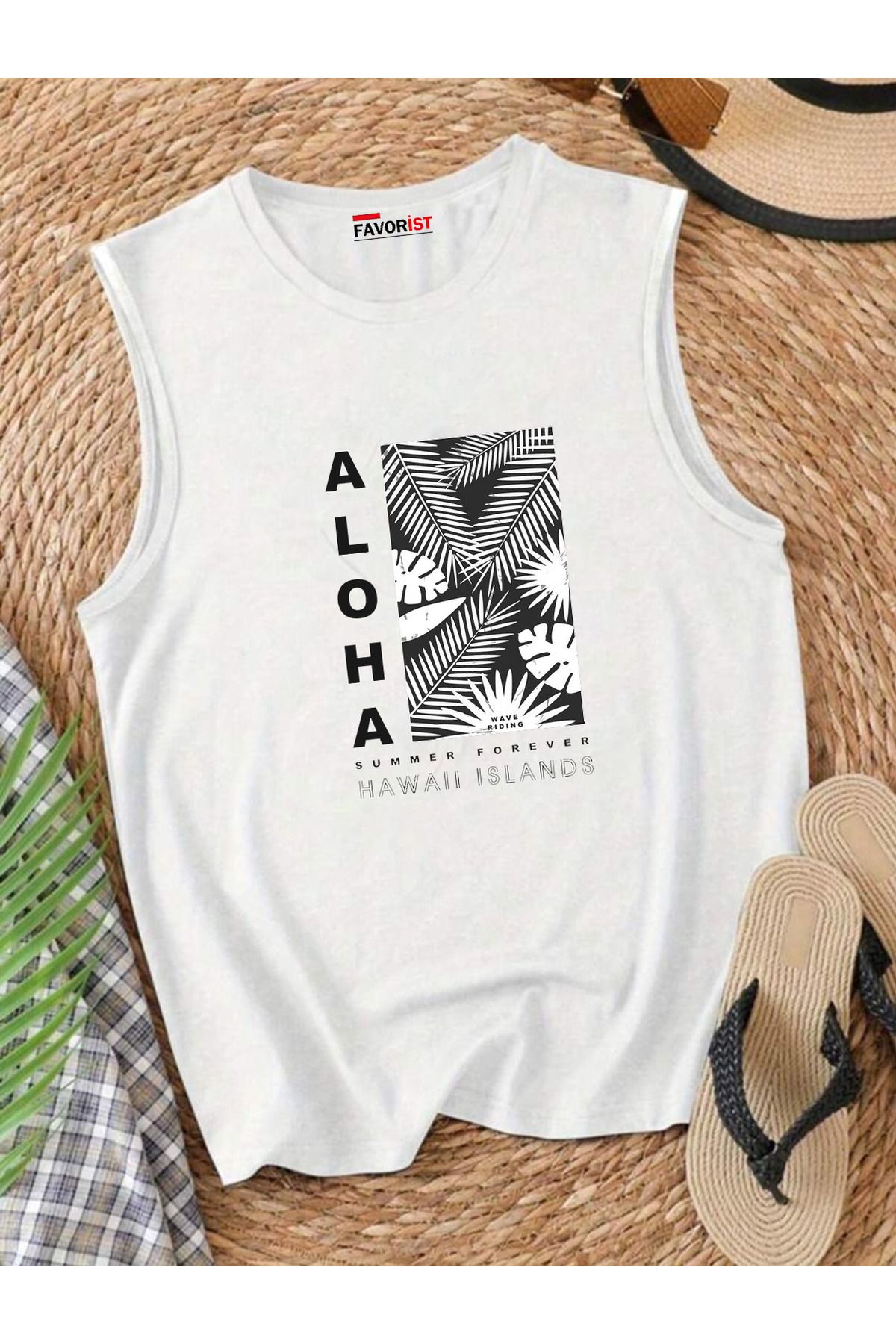 FAVORİST ALOHA SUMMER Omuzu Açık Kadın Pamuklu Kolsuz Yazlık T-shirt Atlet