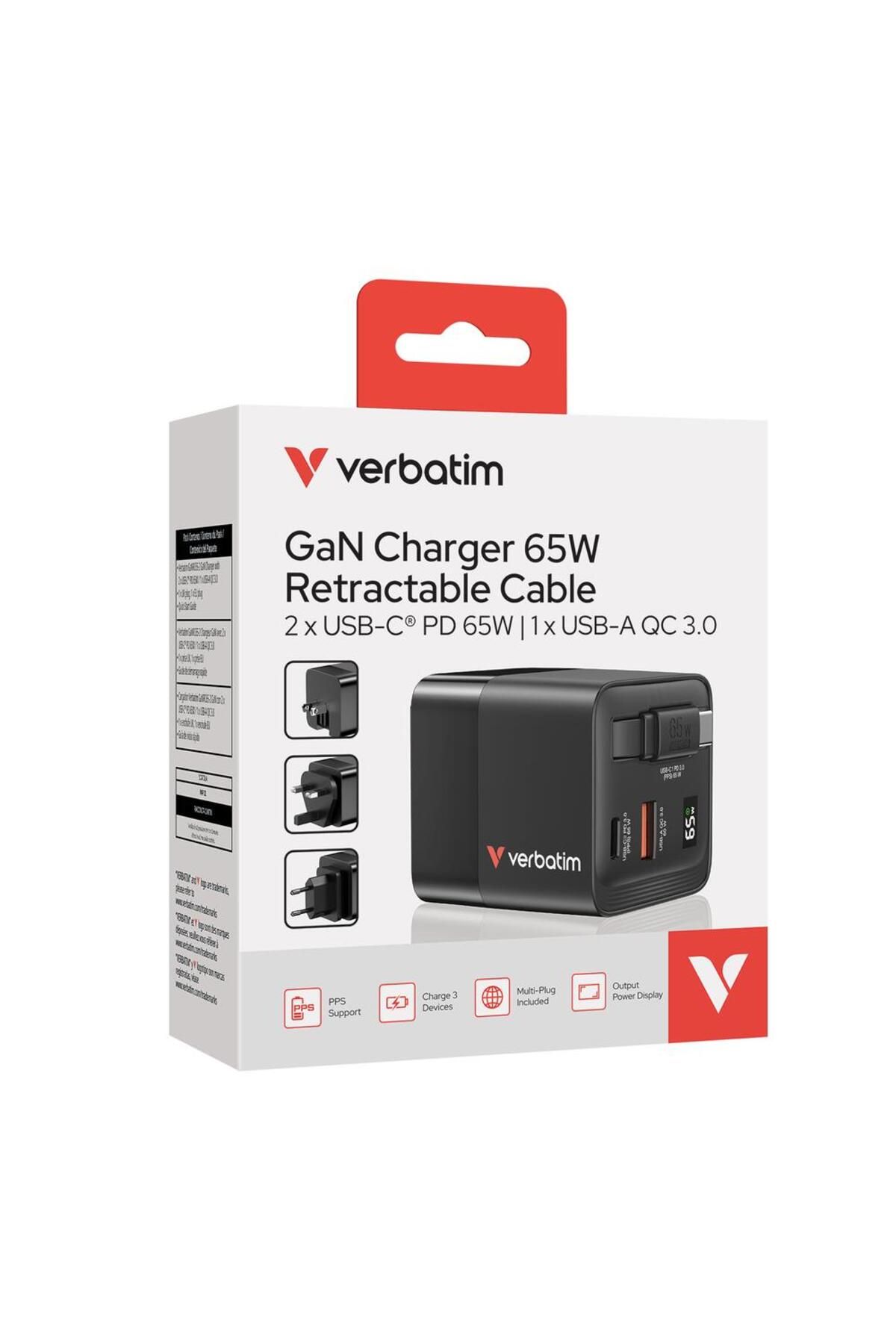 Verbatim-Verbatim GaN Power Adapter, 65W, 2 x USB-C PD 65W, 1 x USB-A QC 3.0, Retractable Cable 8