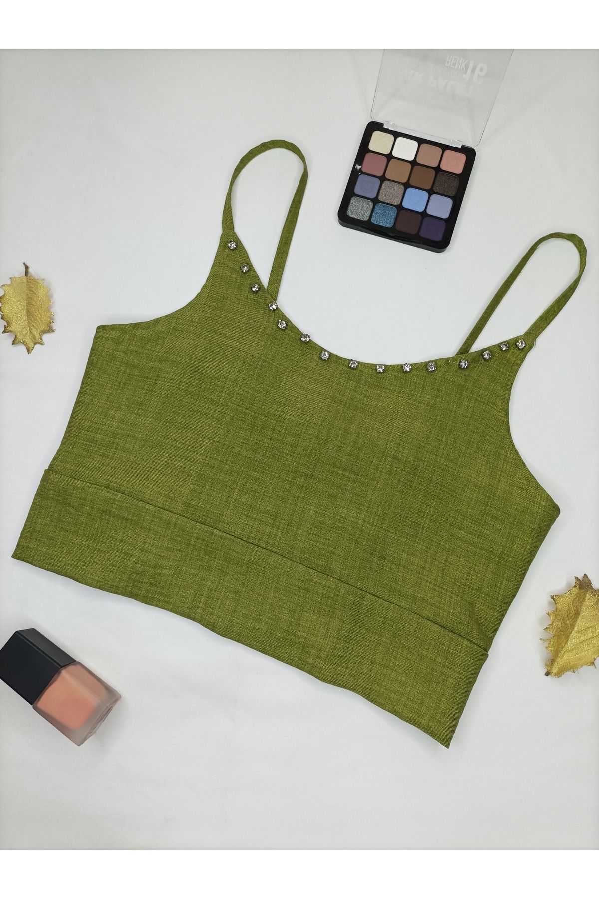 ŞIK VE MUTLU Taşlı Keten Crop Büstiyer