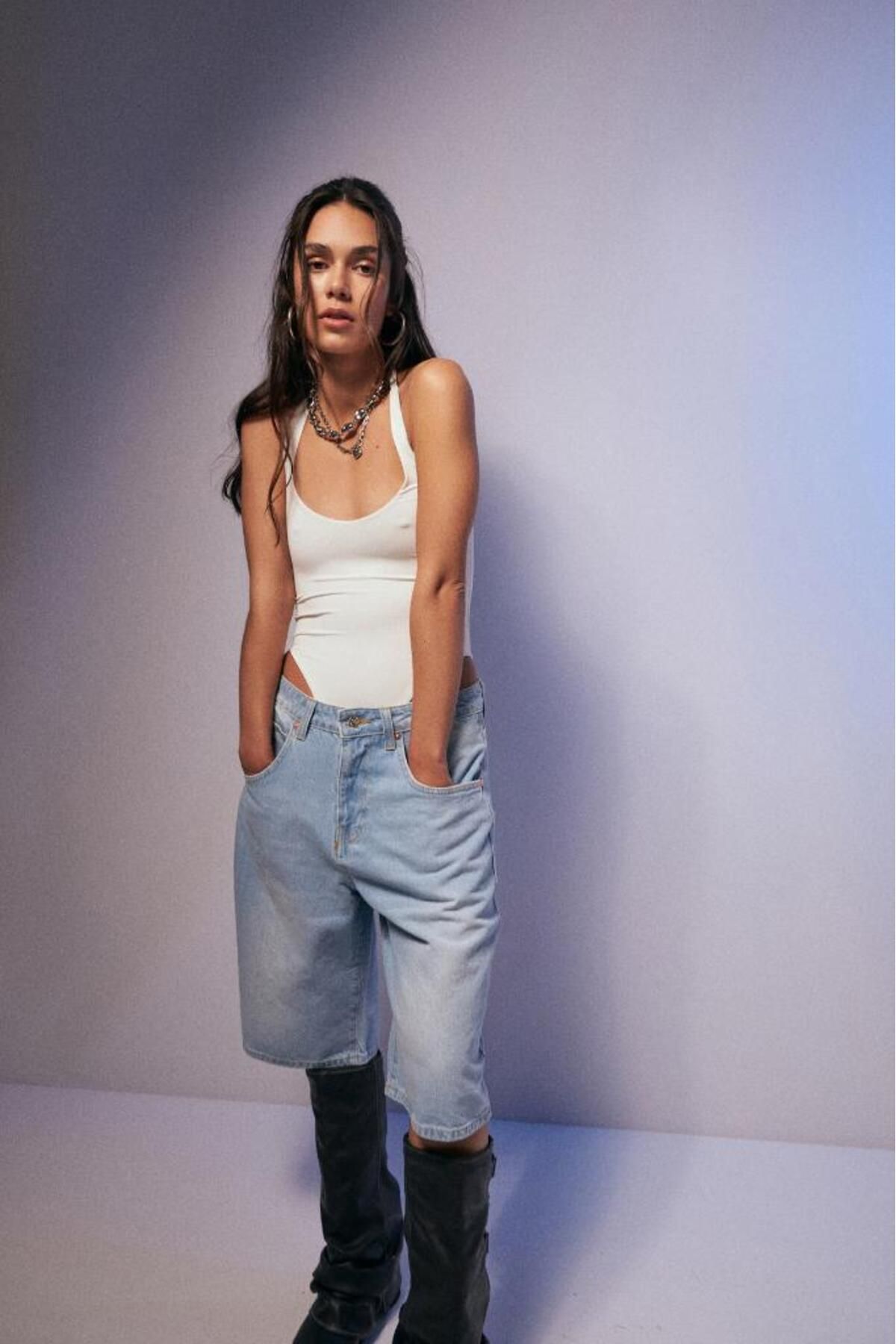 bases. Mavi Baggy Denim Bermuda Şort