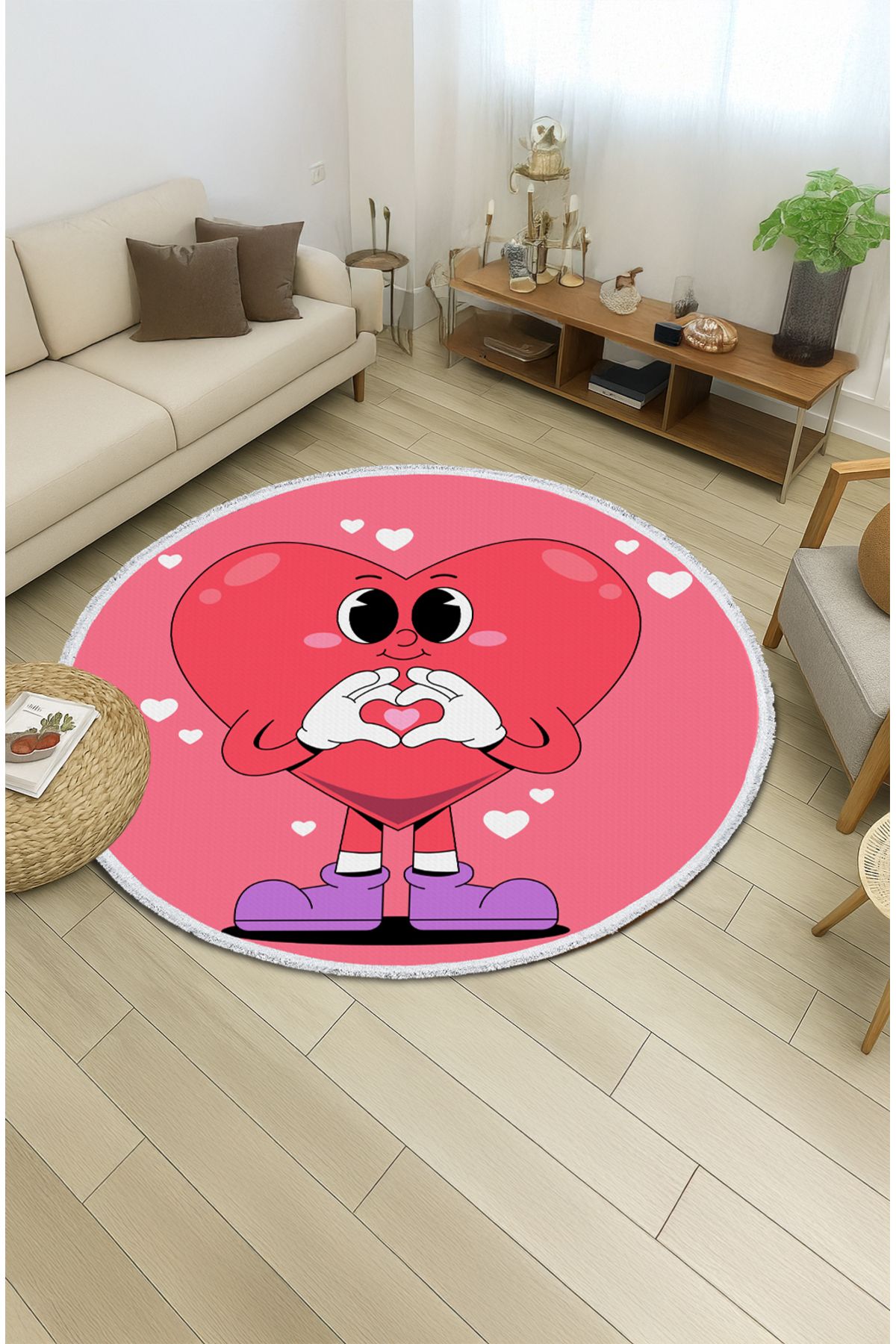 TNYLOF Çocuk odası halısı - Kalpli Karakter Desenli Sevimli Pembe Halı