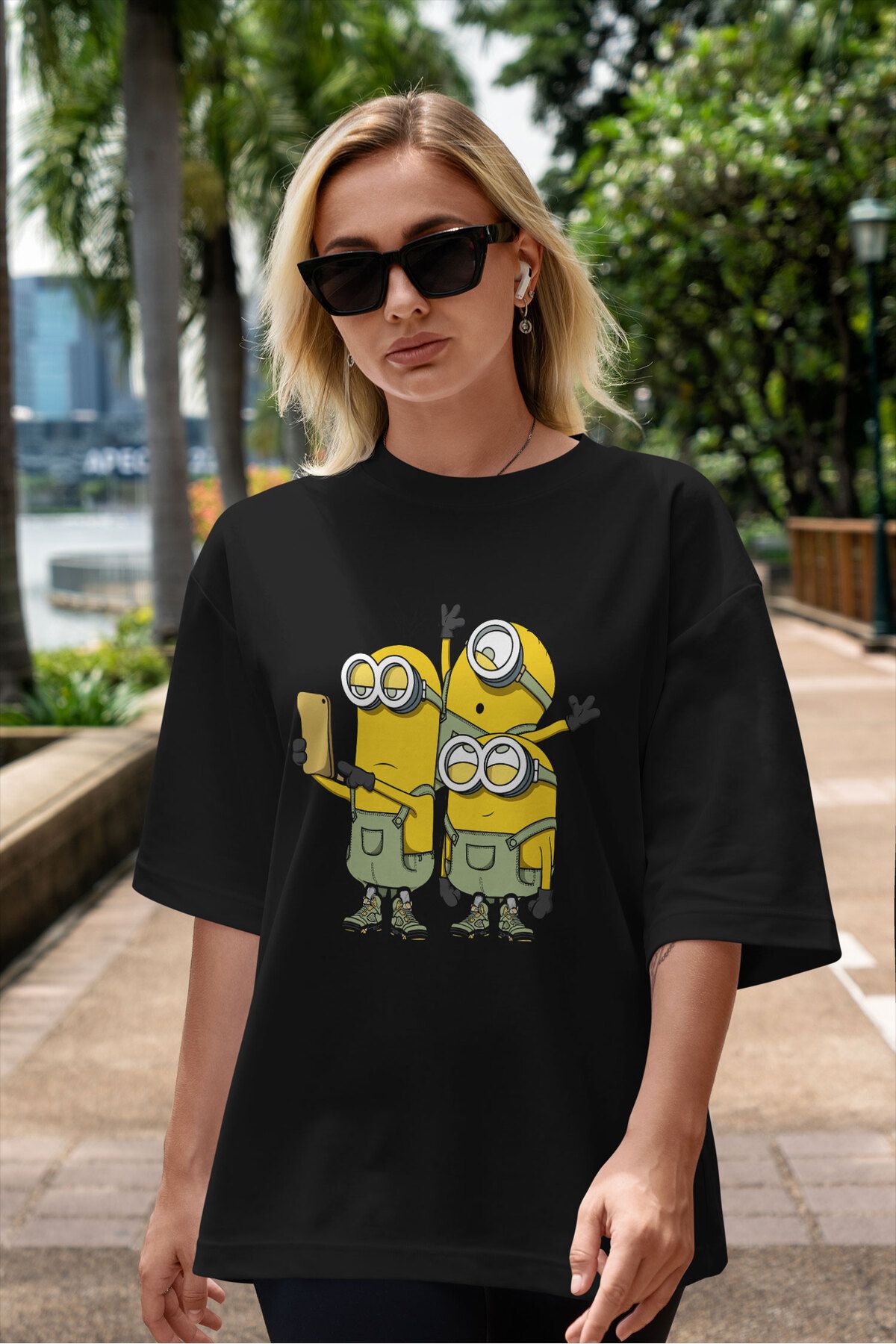 ELFAMİ Unisex Erkek/Kadın MINIONS Özel Baskılı Oversize Pamuklu Bisiklet Yaka T-Shirt