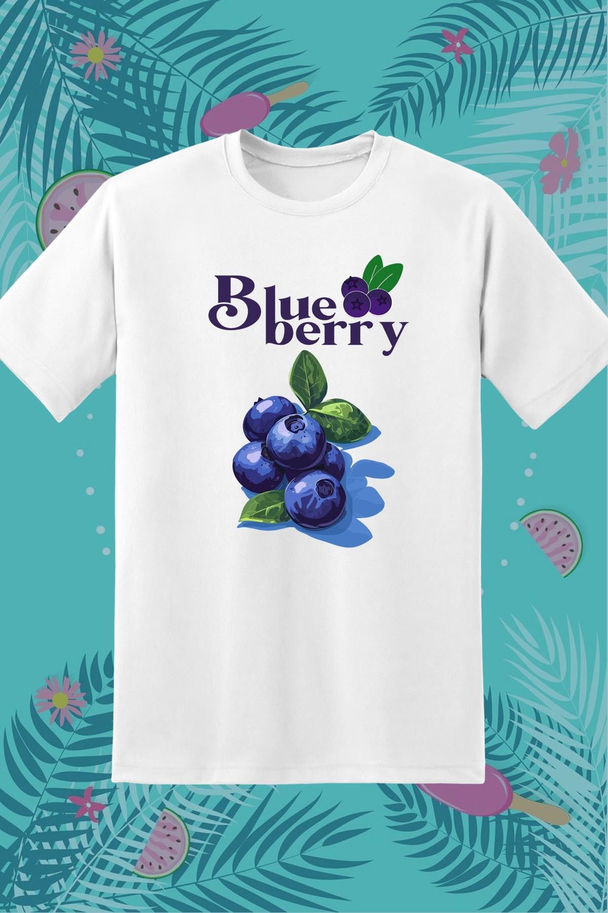 362BASKI Yaz Temalı Yaban Mersini Blueberry Baskılı Tshirt