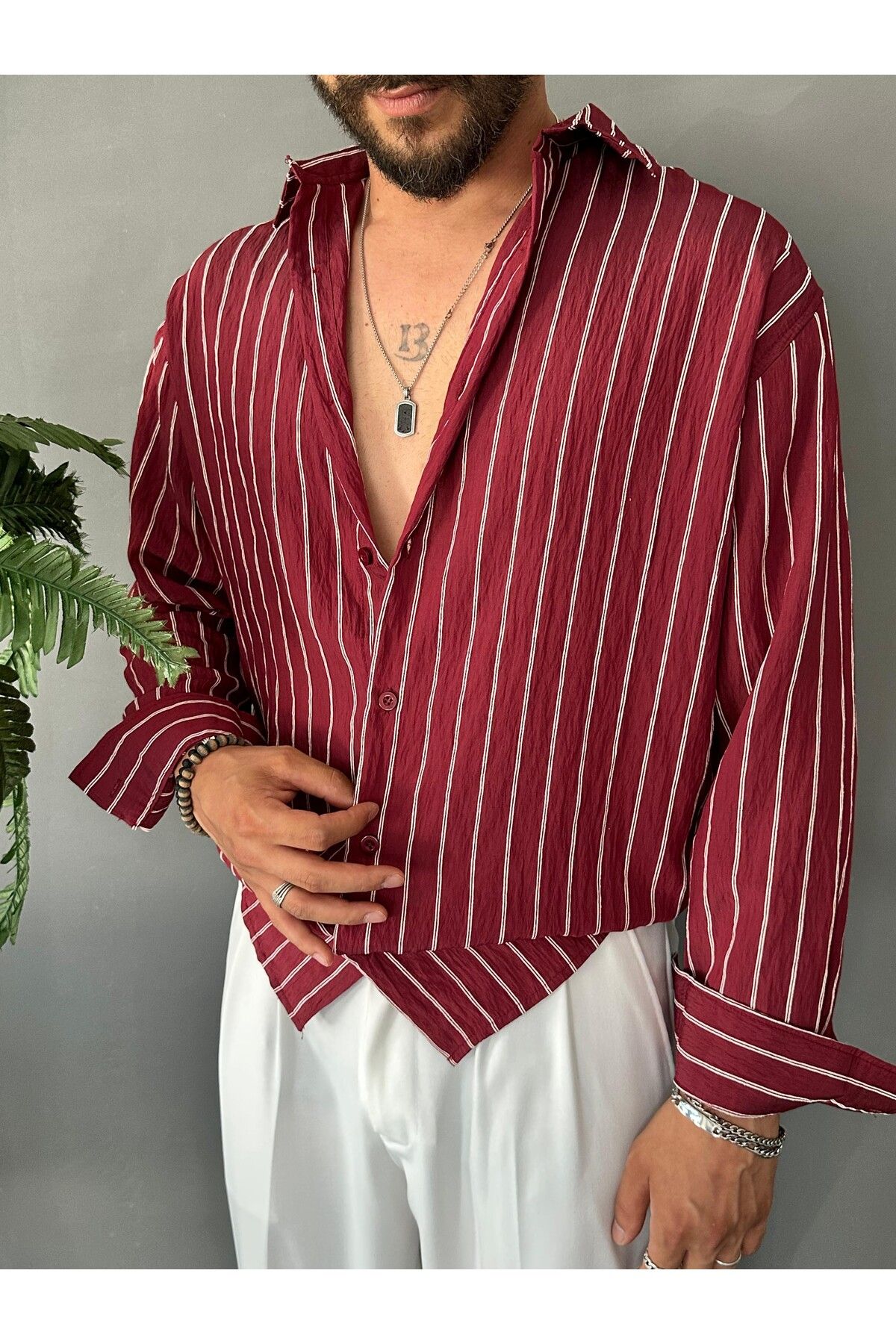 THEMANN Çizgili Desenli Model Kumaş Bordo Oversize Gömlek