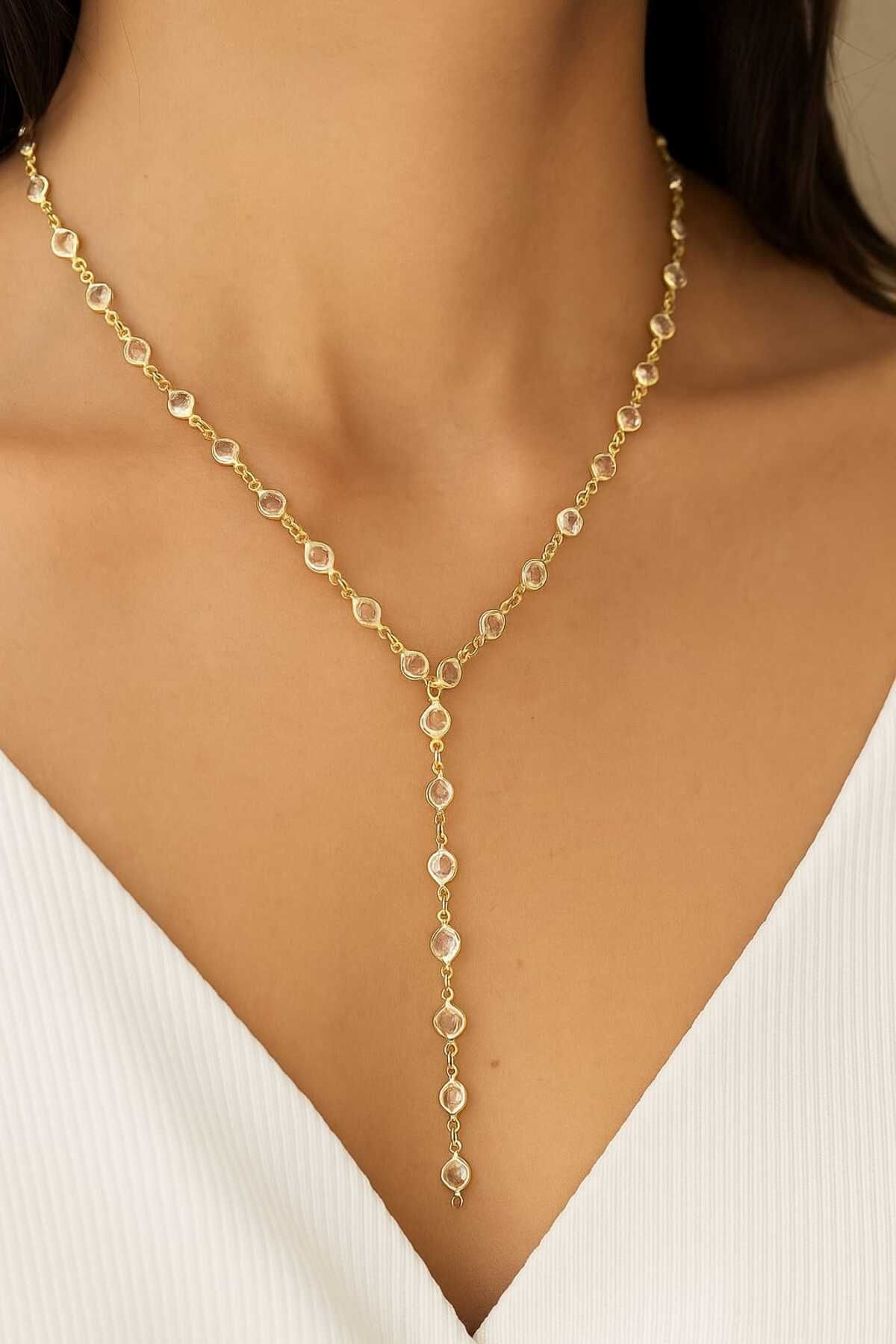 CLOVER JEWELRY Gold Renk Yuvarlak Zirkon Taşlı Y Kolye | Paslanmaz Çelik