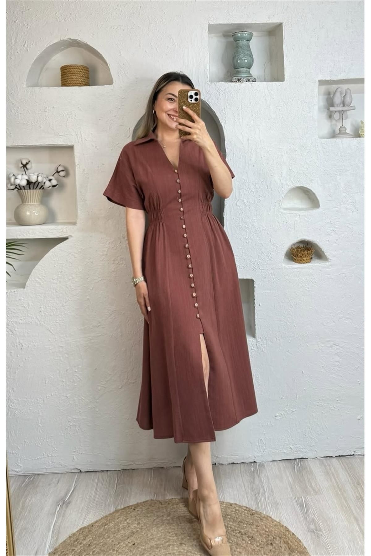 BUĞUBUTİK DÜĞMELİ V YAKA ELBİSE 32247