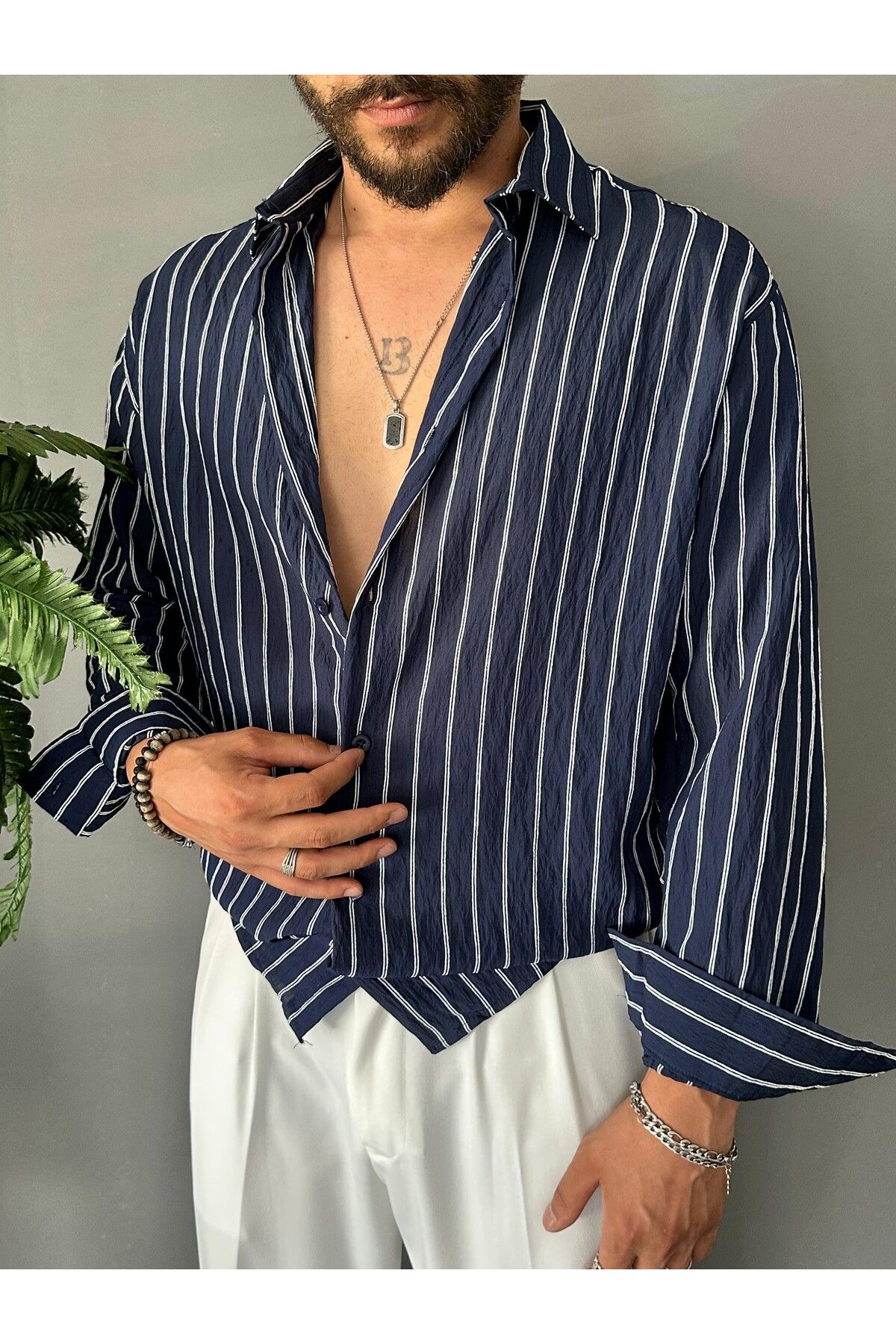 THEMANN Çizgili Desenli Model Kumaş Lacivert Oversize Gömlek