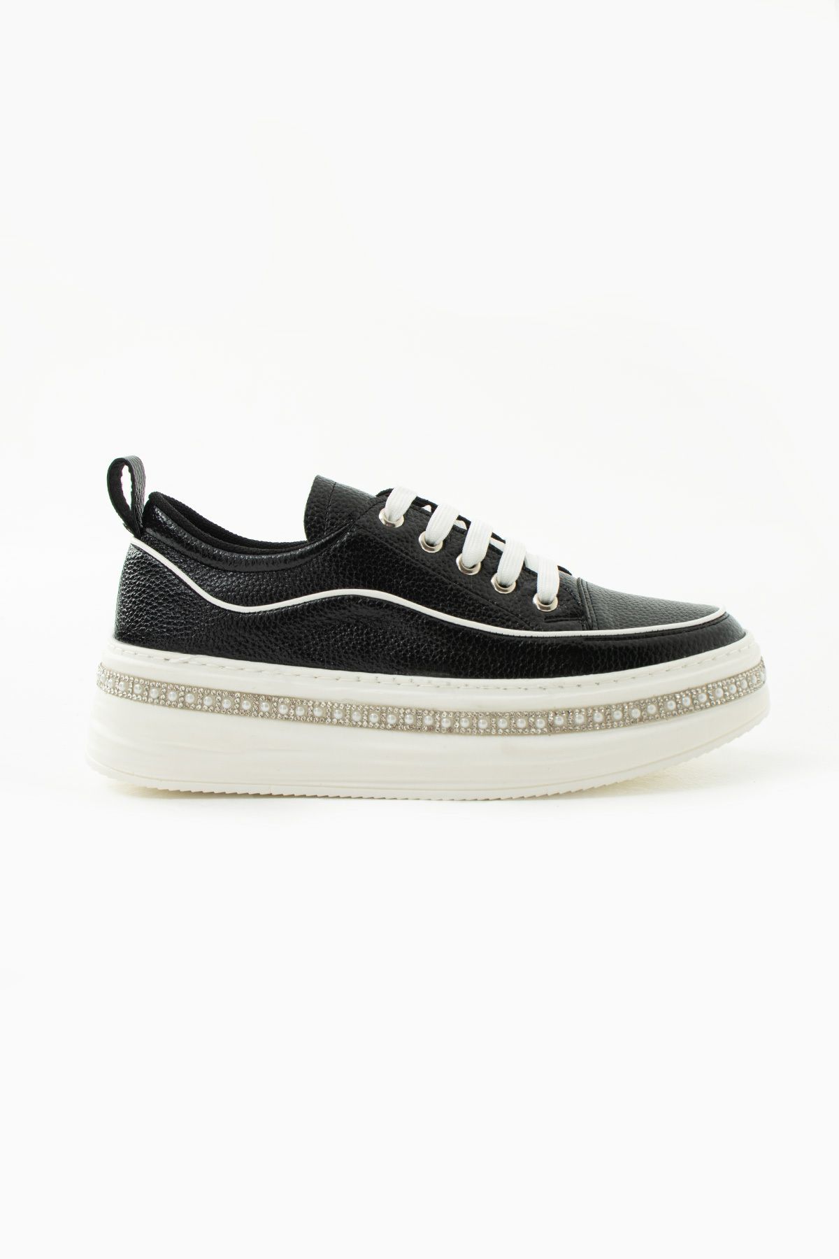 Siena Shoes Vela Kadın Taşlı Taban Detaylı Bağcıklı Sneaker Siyah