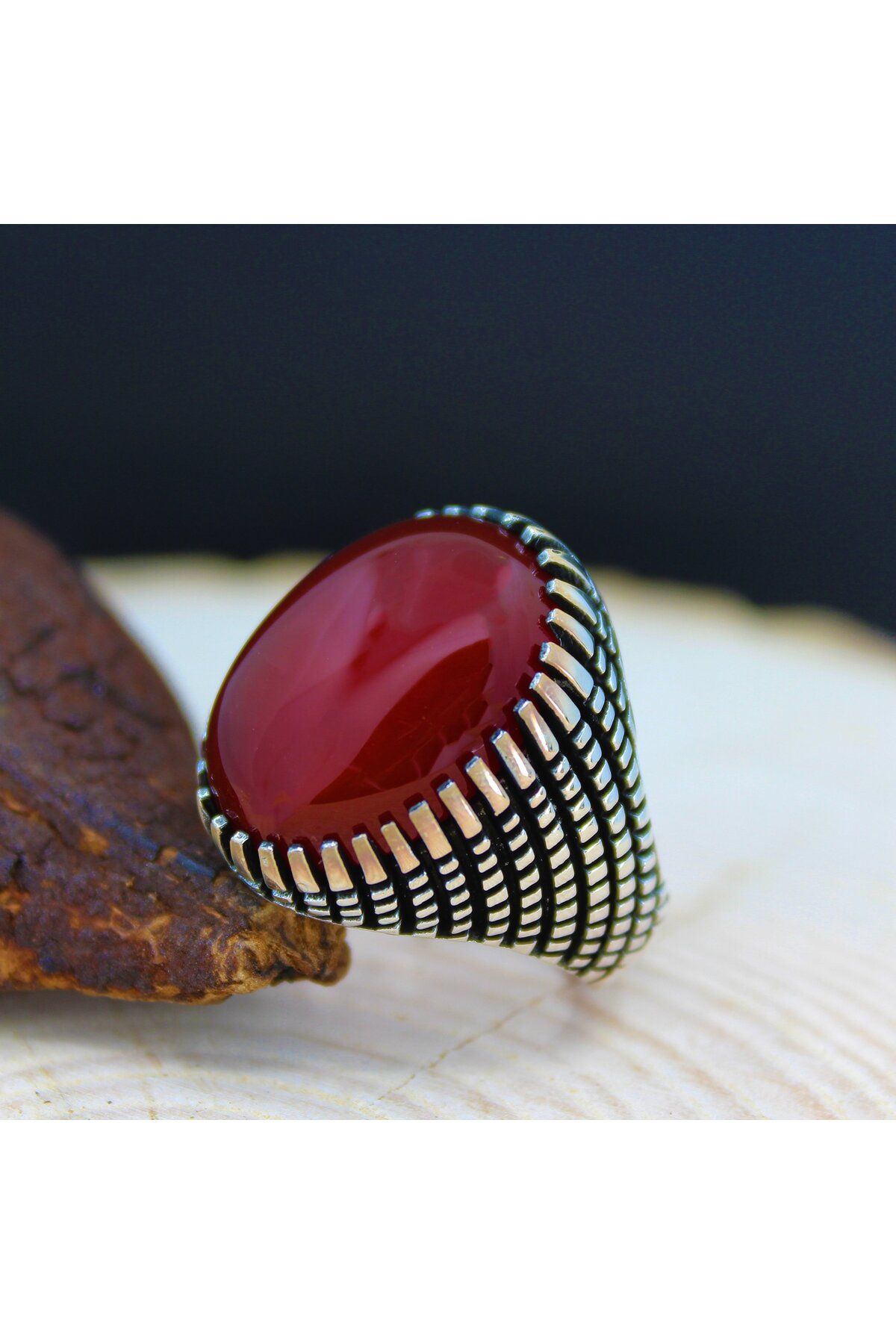QubbeSilver Oval Akik Taşlı 925 Ayar Gümüş Erkek Yüzüğü