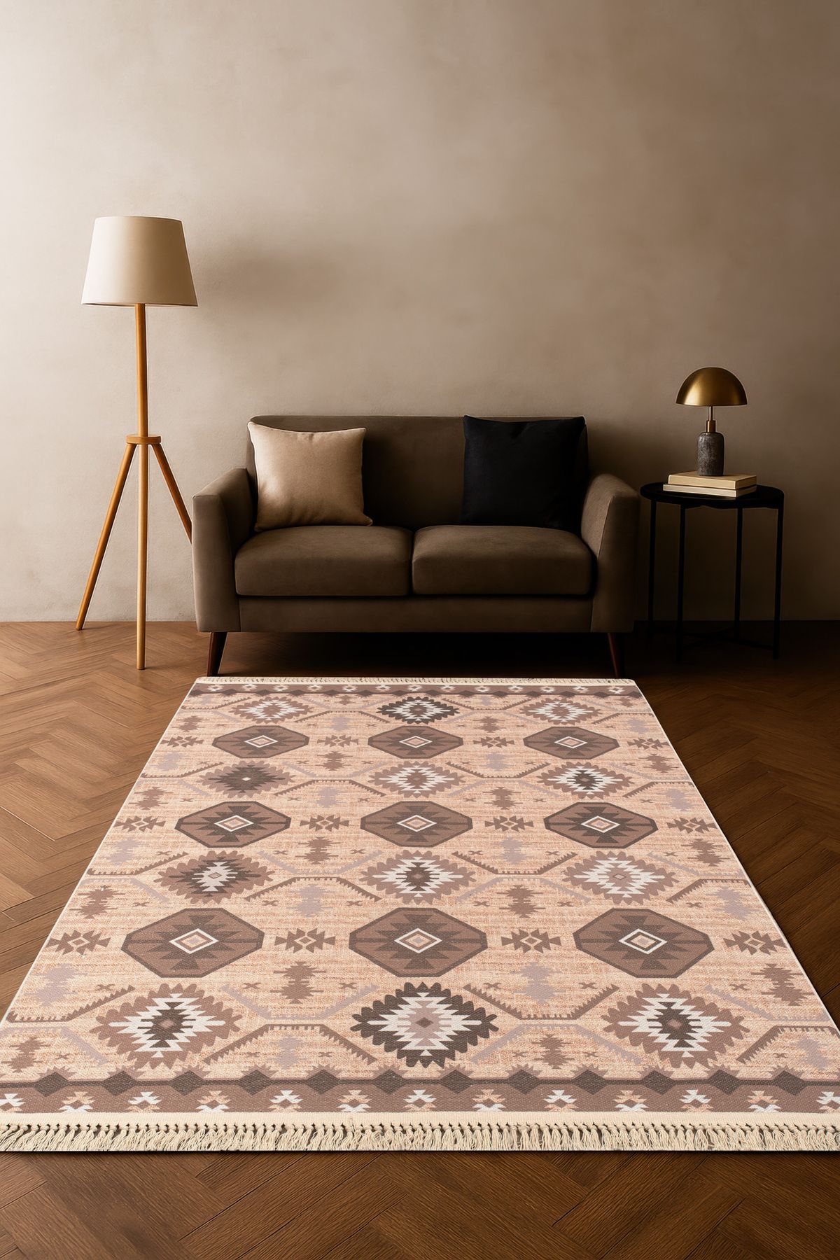Massilia Home Satürn Retro Bej Dijital Baskı Makinede Yıkanabilir Kilim Antibakteriyel Renkli Desen Ev Oda Halısı