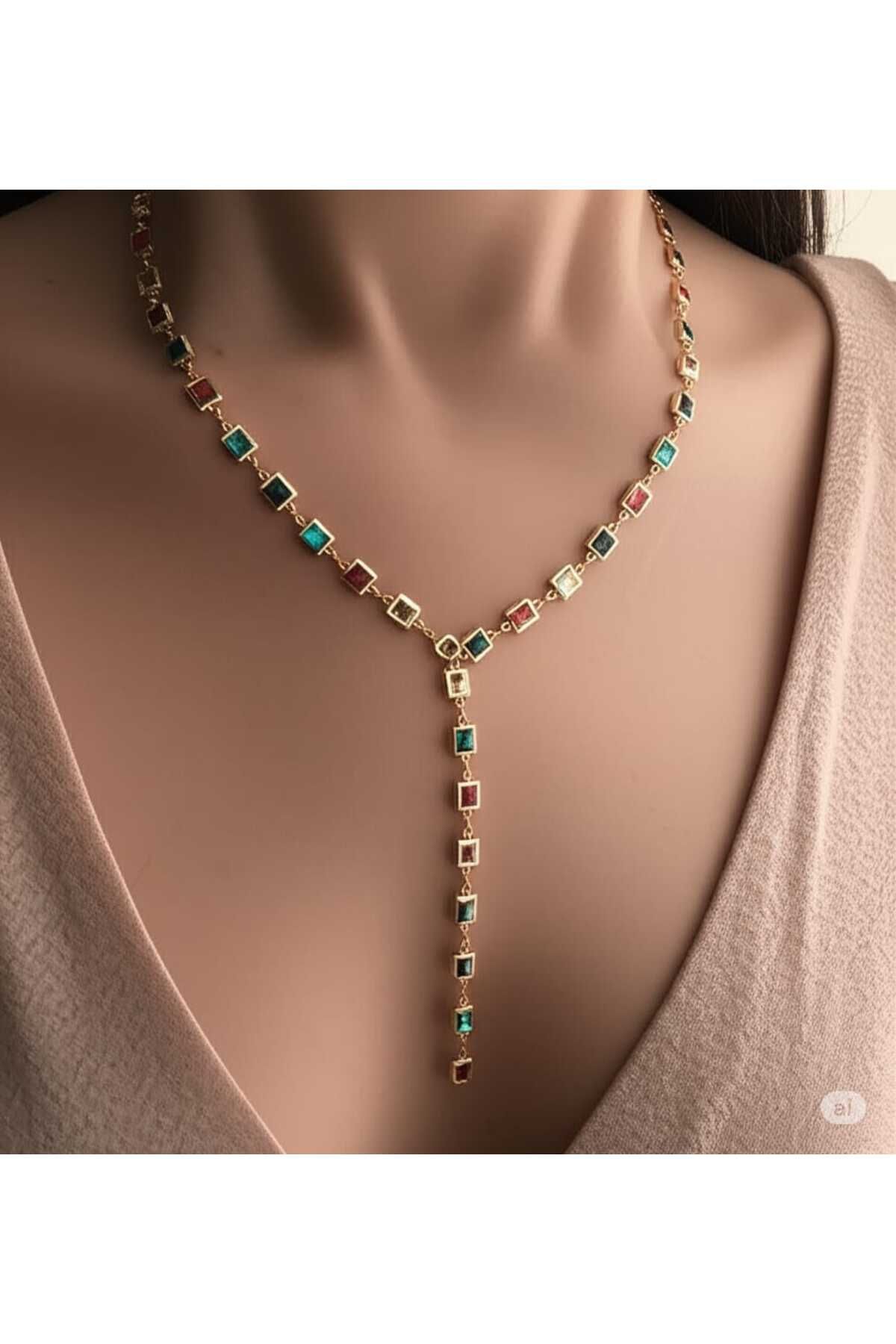 CLOVER JEWELRY Renkli Kare Taşlı Sarkmalı Çelik Y Kolye | Gold Zincir