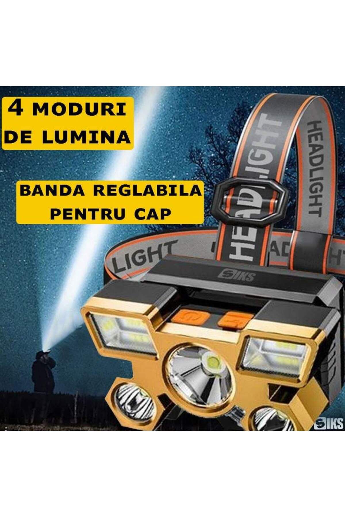 SIKS-Lanternă frontală LED, Profesională, Încărcare USB, 4 Moduri de iluminare, Indicator baterie, Încărcare USB 6