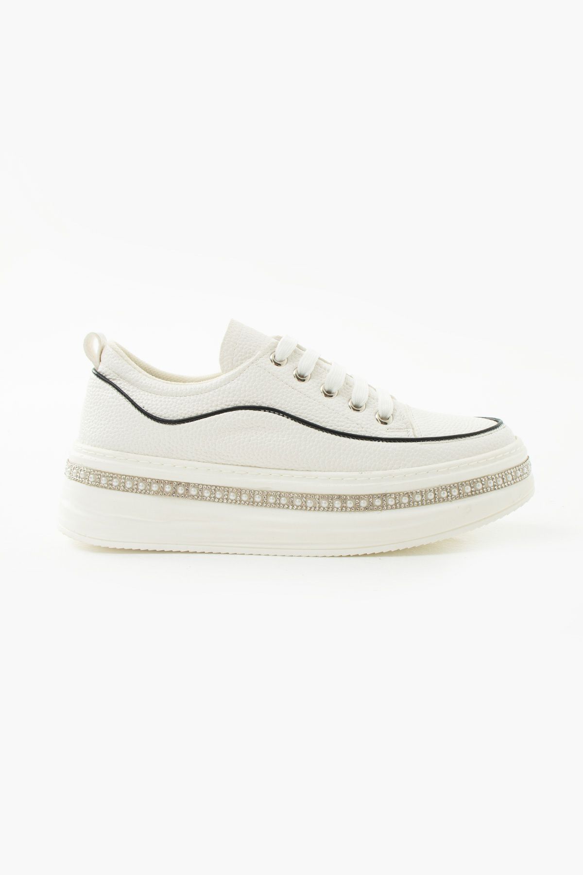 Siena Shoes Vela Kadın Taşlı Taban Detaylı Bağcıklı Sneaker Beyaz