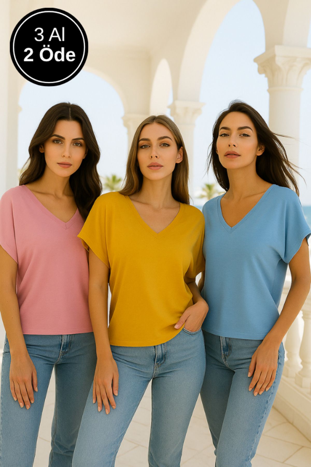 Rich Kadın 3'lü Paket Pembe-Mavi-Hardal Viskon Ön Arka V Yakalı T-shirt Yarasa Kol Relaxed Bluz