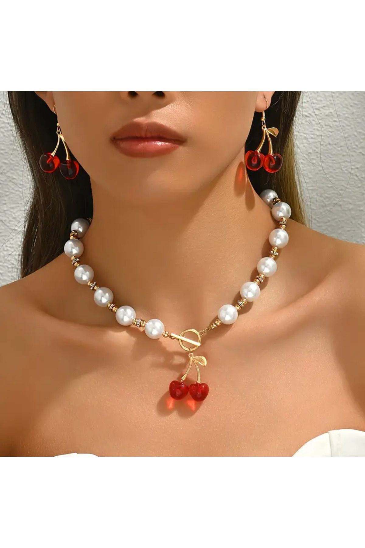 byozanyılmaz KİRAZ TASARIM EL YAPIMI TASARIM İNCİLİ KOLYE KÜPE SET