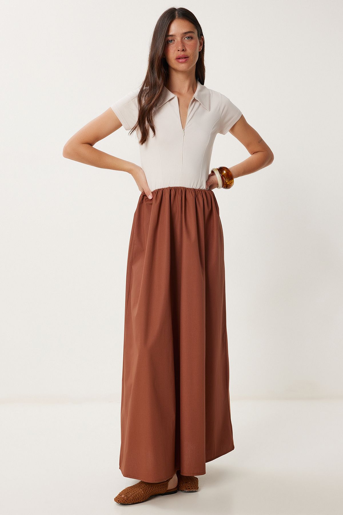 Lovelyİstanbul Esnek Örme Üstlü Poplin Etekli Elbise TARÇIN KREM LFN0099