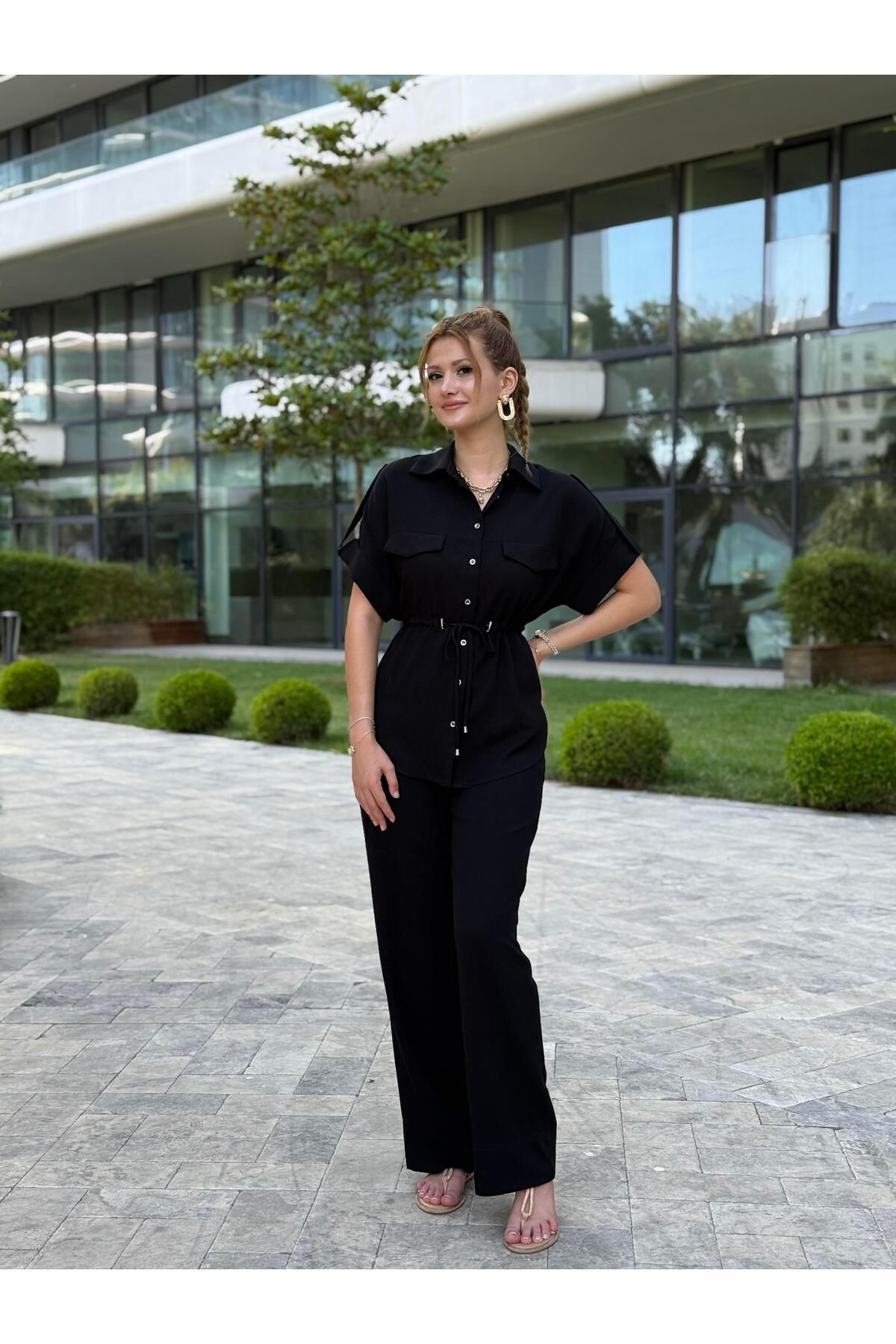 Forlady Butik Siyah Duble Kol Gömlek Pantolon Keten Kadın İkili Takım