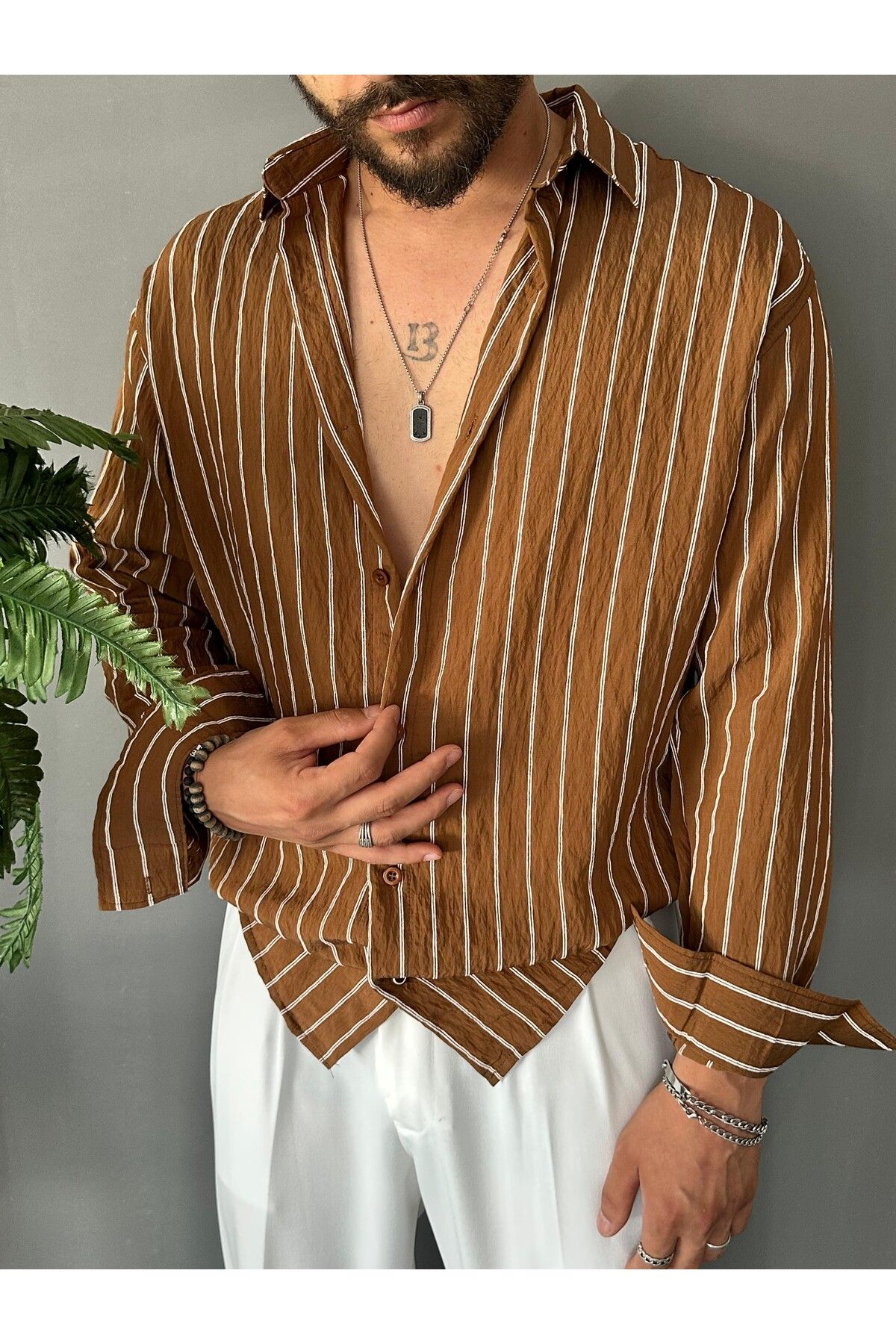 THEMANN Çizgili Desenli Model Kumaş Taba Oversize Gömlek