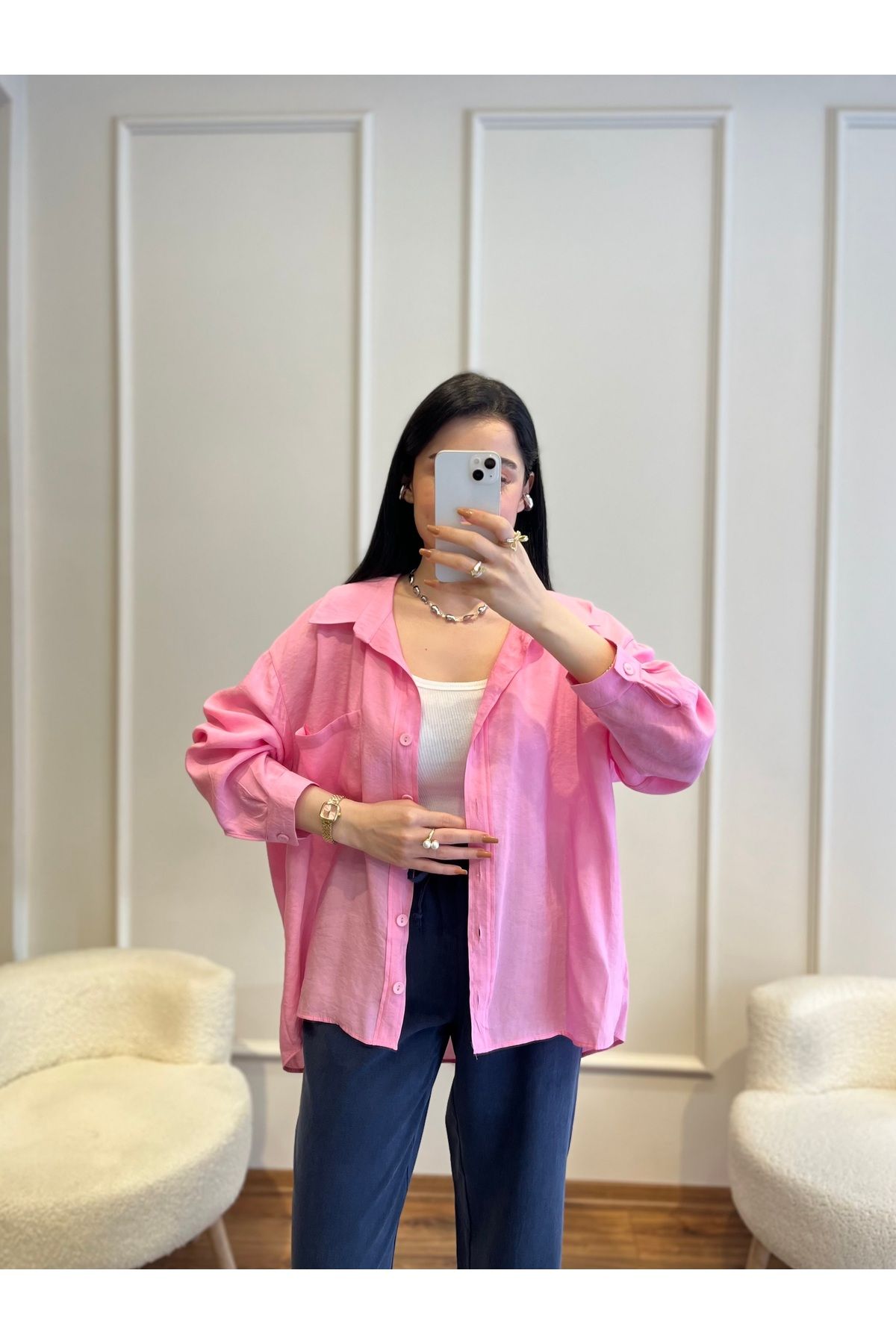 Zims Butik Basic Keten Oversize Gömlek Pembe