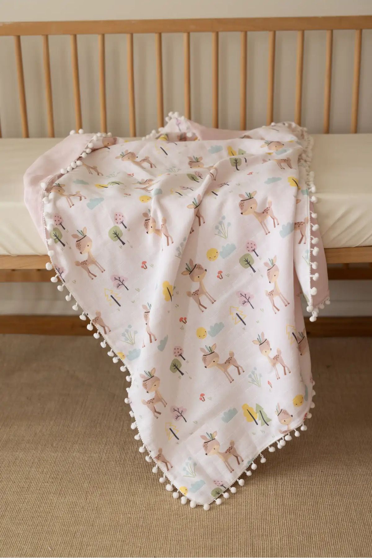 SALLHOMEE Premium Müslin Bebek Battaniyesi – Ponponlu Ceylan Desen