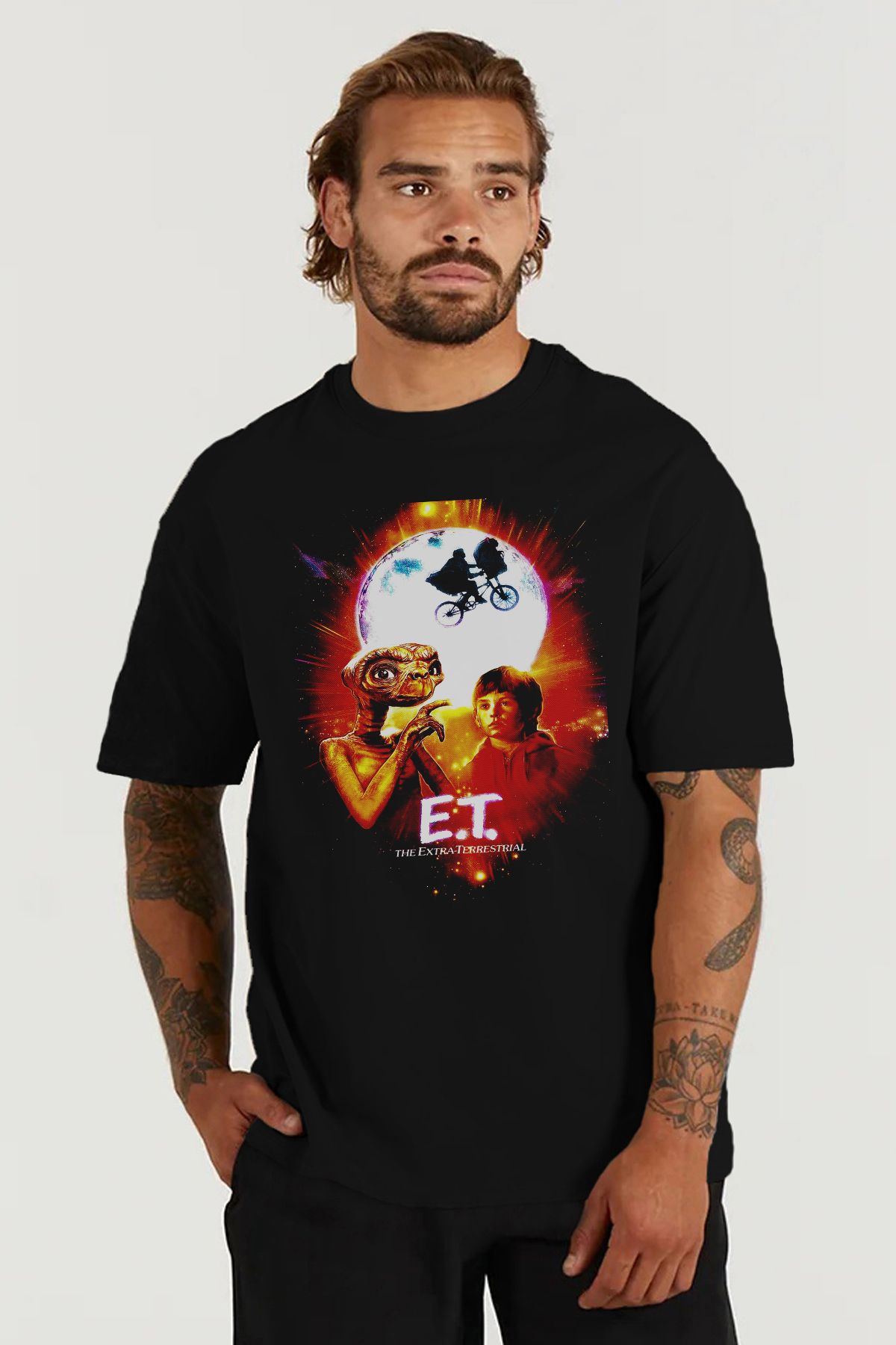 MODA E.T. The Extra-Terrestrial Baskılı Oversize Kalıp Siyah Geniş Bol Kesim Erkek Tişört