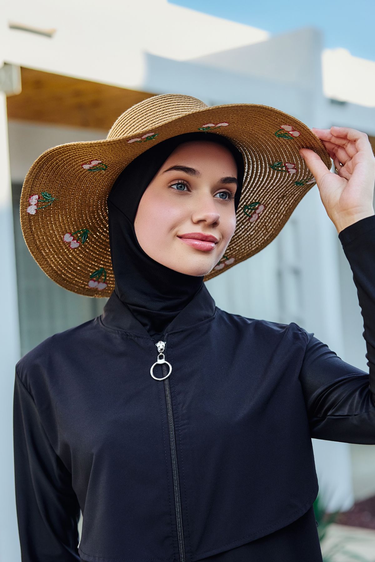 Remsa Mayo Kiraz Nakışlı Hasır Şapka Plaj Şapkası 2115 Camel
