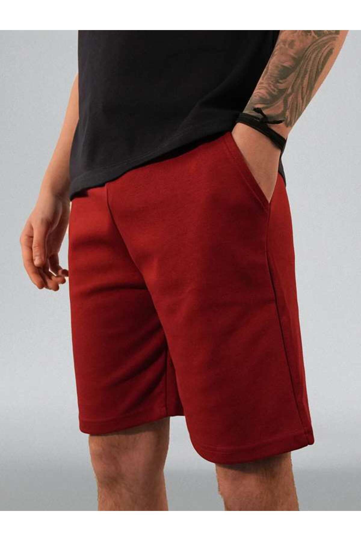 TREE TONE Unisex Çift Katmanlı (Double Face) Premium Kalite BORDO Örme Şort