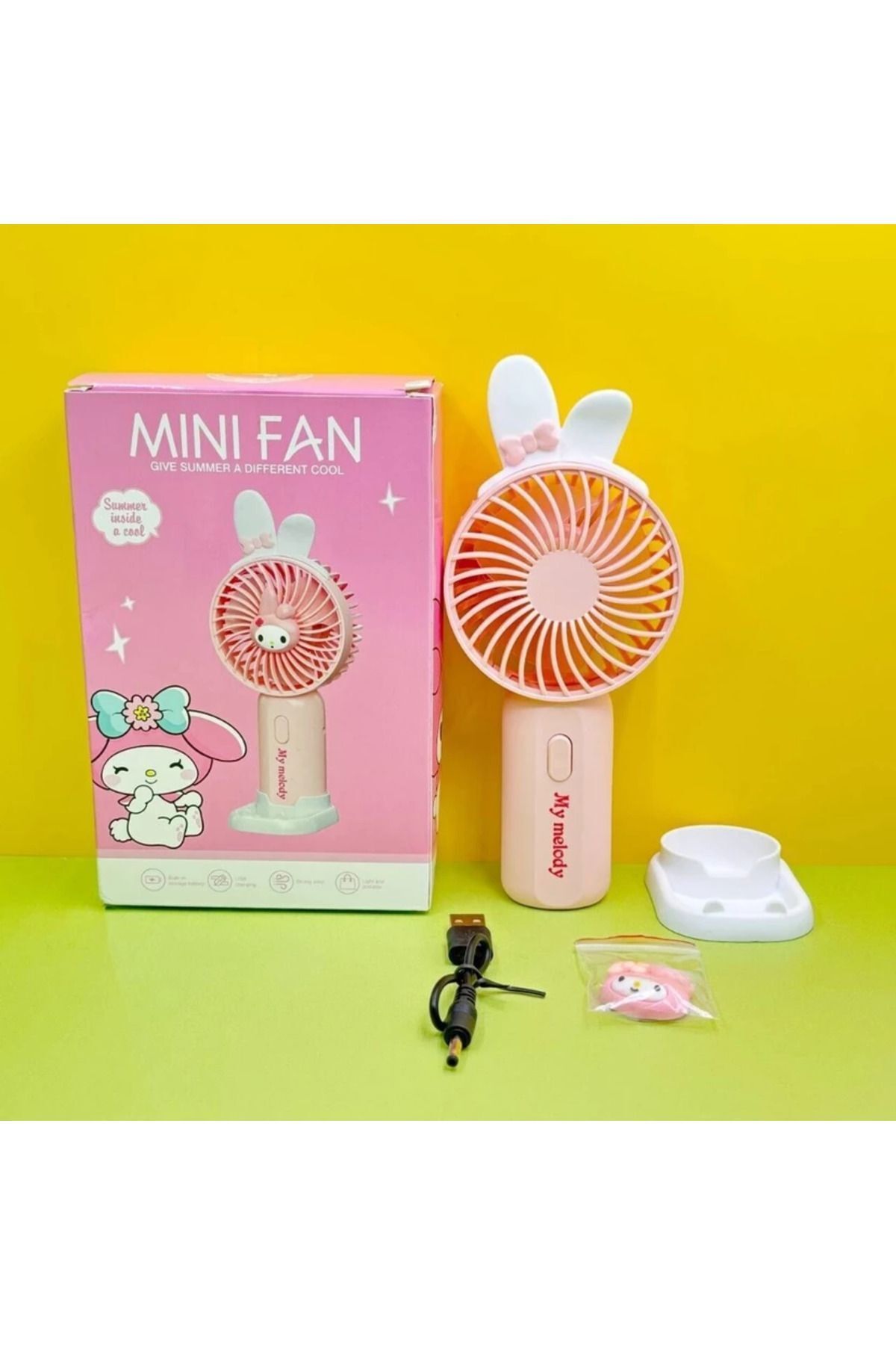 EyER Shoping My Melody Melodi Sanrio Şarjlı Usb Telefon Tutucu Mini El Fanı Vantilatör Soğutucu