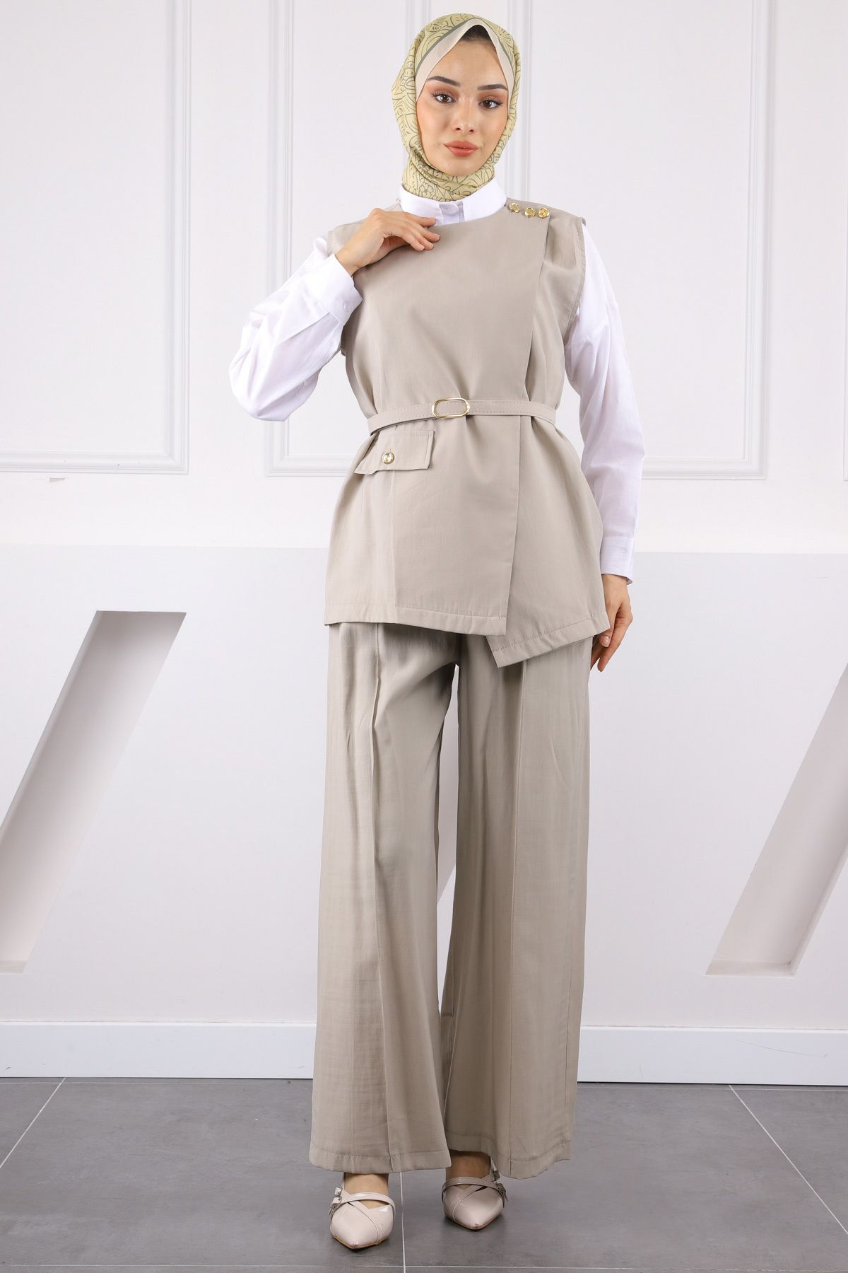 İmajButik Taş Bel Kemerli Yelek Pantolonlu Takım