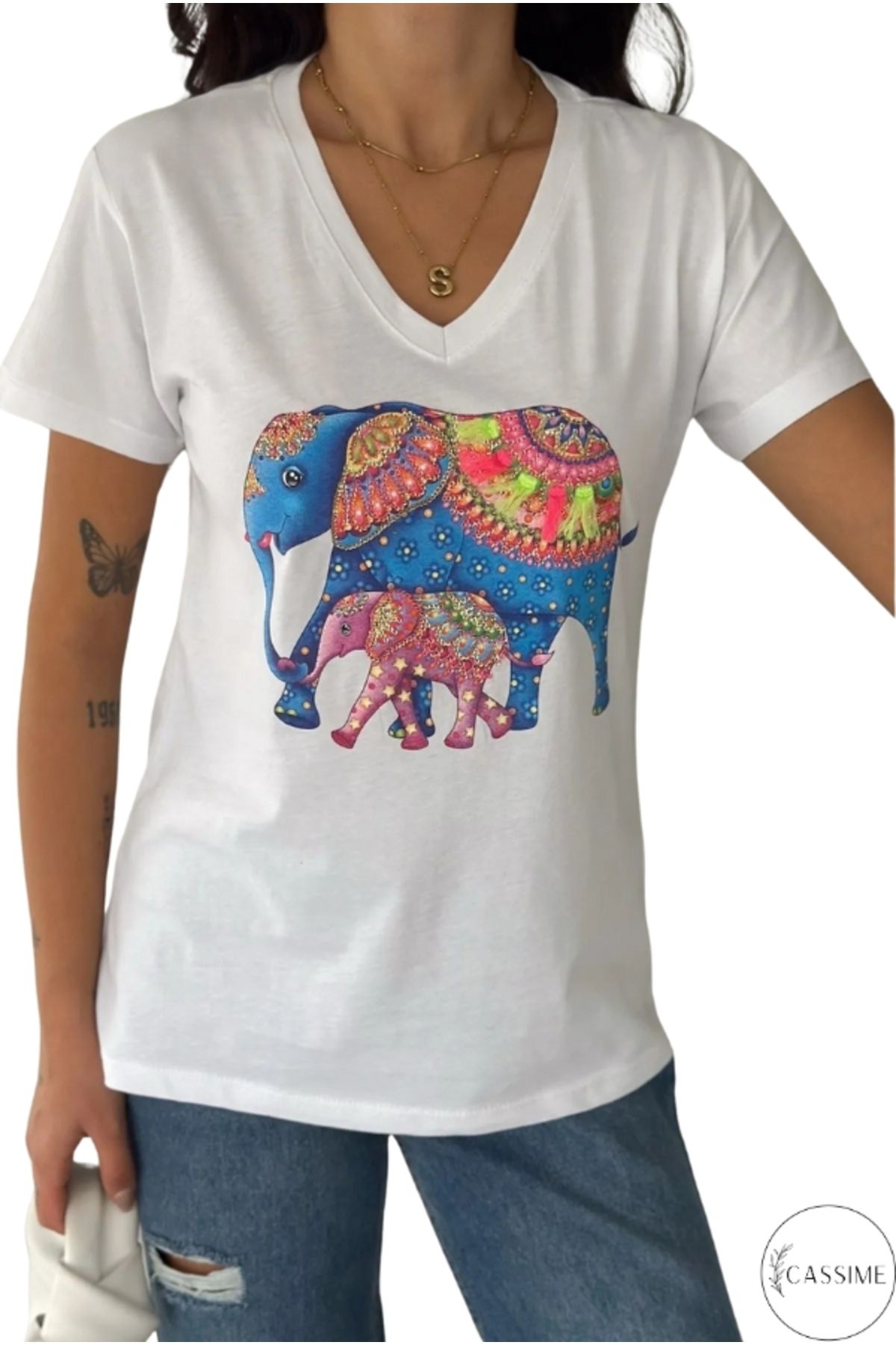 Cassime Kadın Beyaz Renkli Fil İşlemeli %100 Pamuk V Yaka T-Shirt