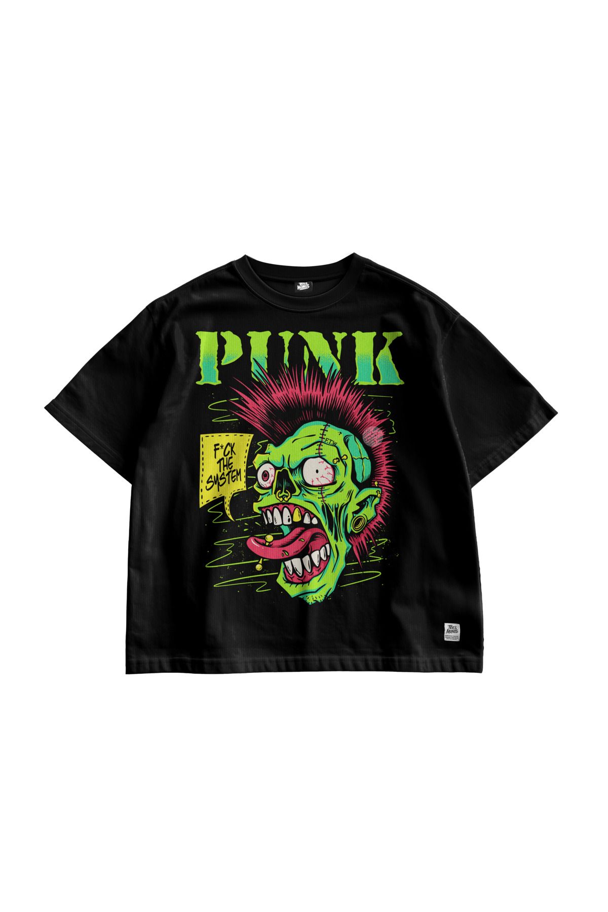TresMonos Pink Zombie Fuck The System Baskılı Oversize Kısa Kollu Pamuklu Unisex Siyah Tişört
