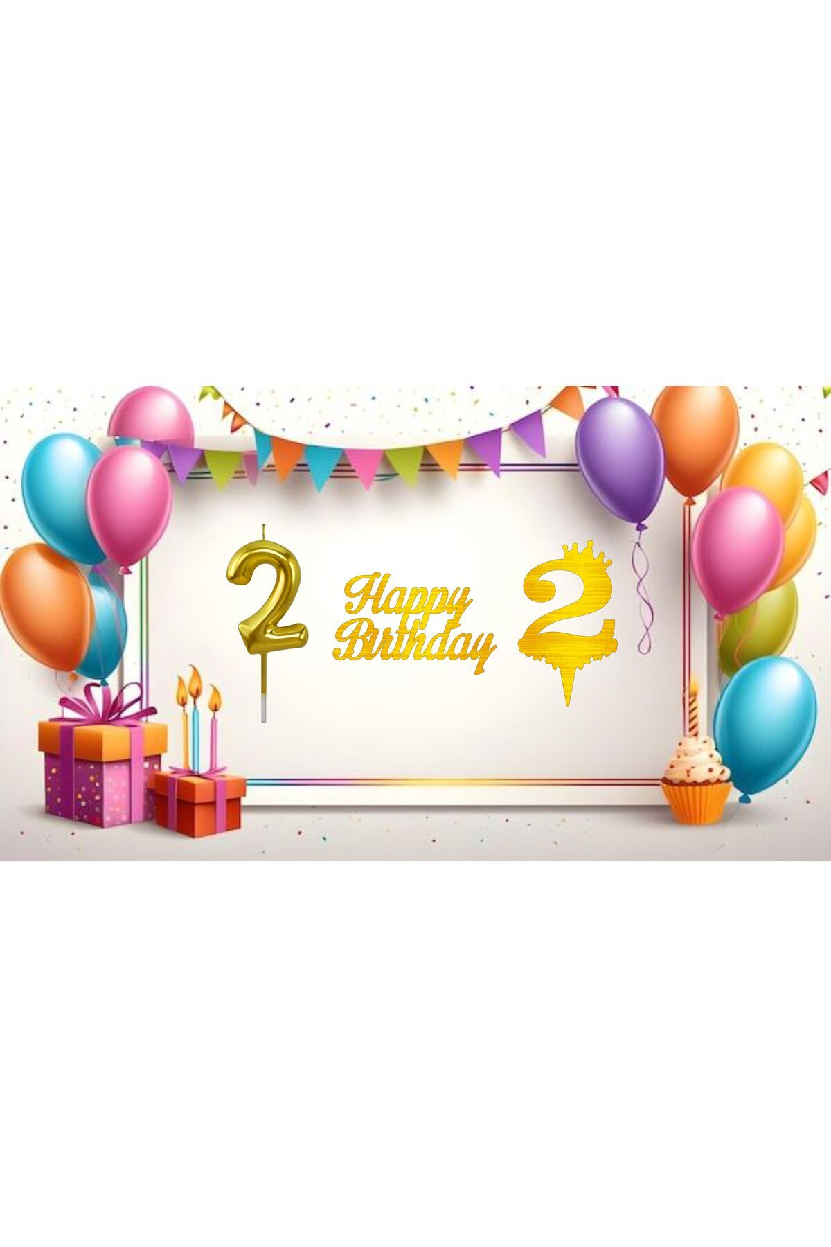 YTB AJANS 2 Yaş Doğum Günü Pasta Süsü Rakam Mum, Rakam Pleksi, Happy Birthday Pleksi (3'LÜ PAKET)
