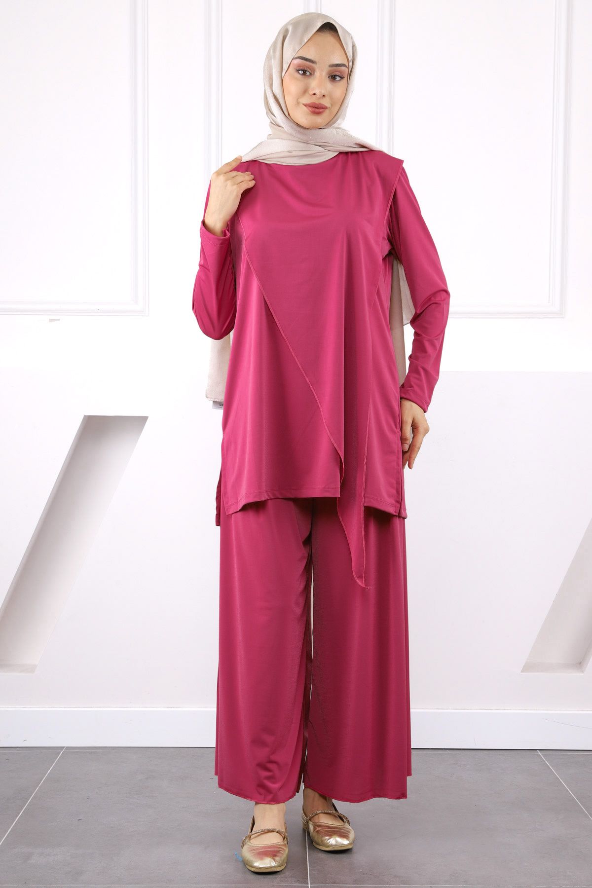 İmajButik Fuşya Ön Detaylı Sandy Tunik Pantolon Takım