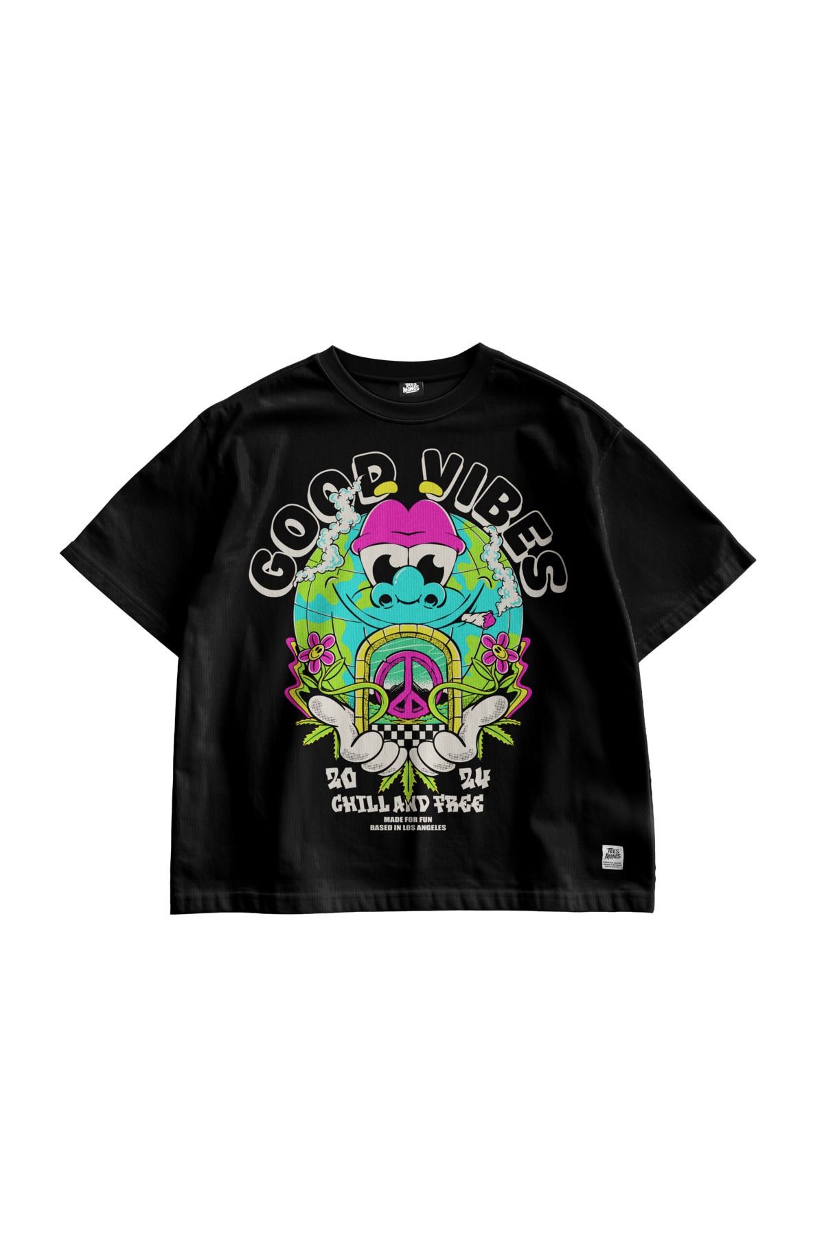 TresMonos Good Vibes Chill and Free Baskılı Oversize Kısa Kollu Pamuklu Unisex Siyah Tişört