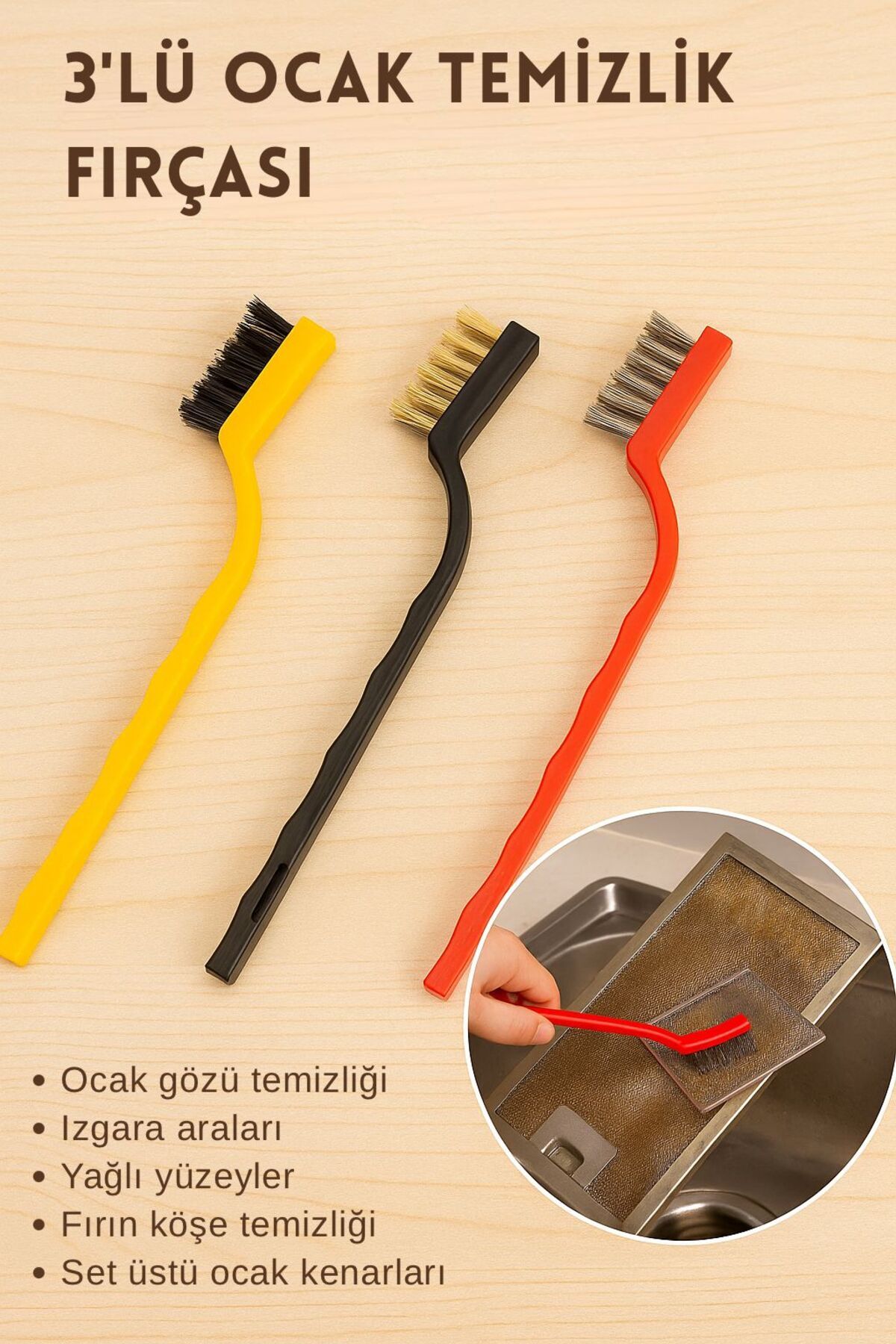 Kelepir Fırsatlar 3’lü Ocak Temizlik Fırçası Seti – Metal, Pirinç ve Naylon Kıl