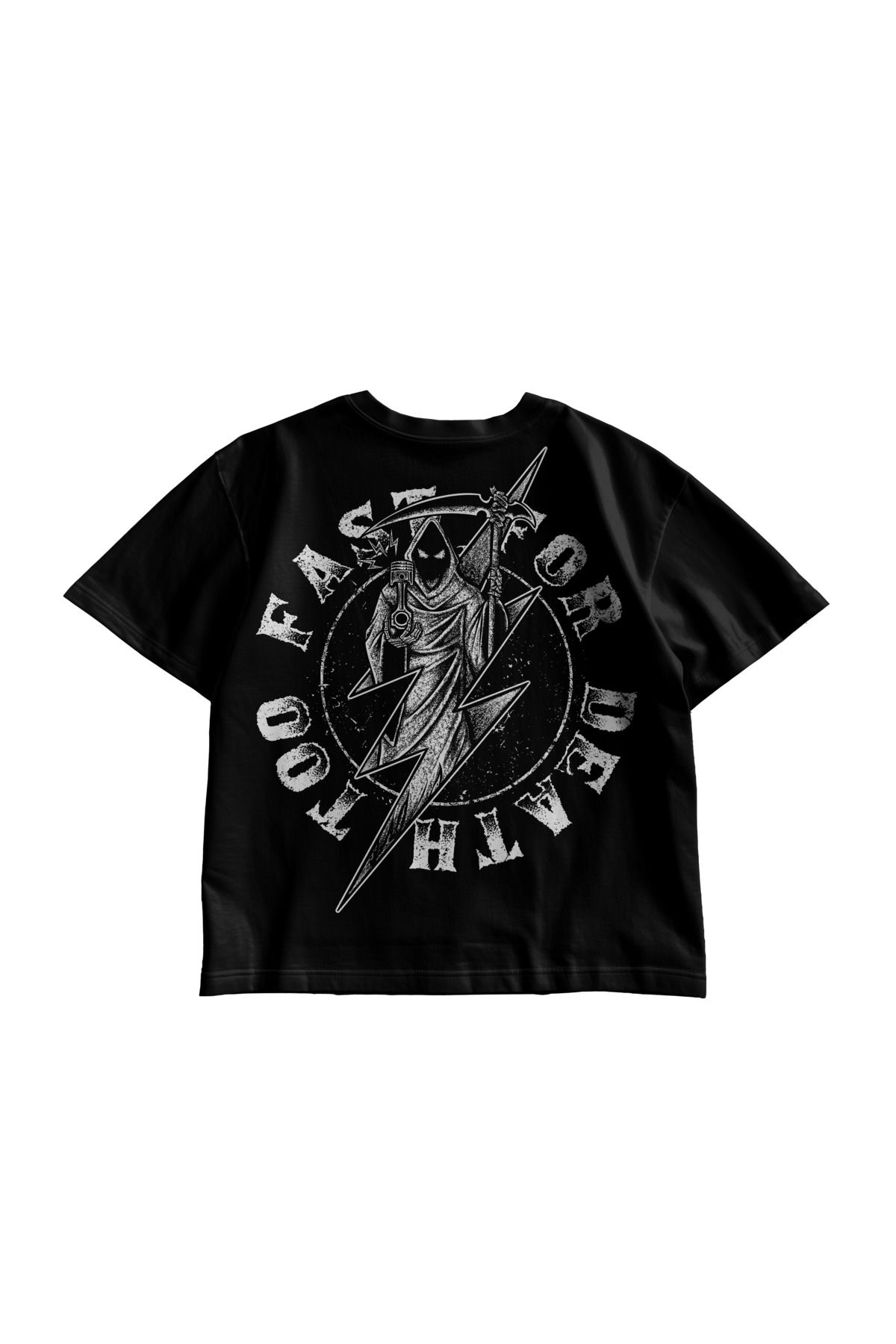 TresMonos Fast or Death Reaper Baskılı Oversize Kısa Kollu Pamuklu Unisex Siyah Tişört