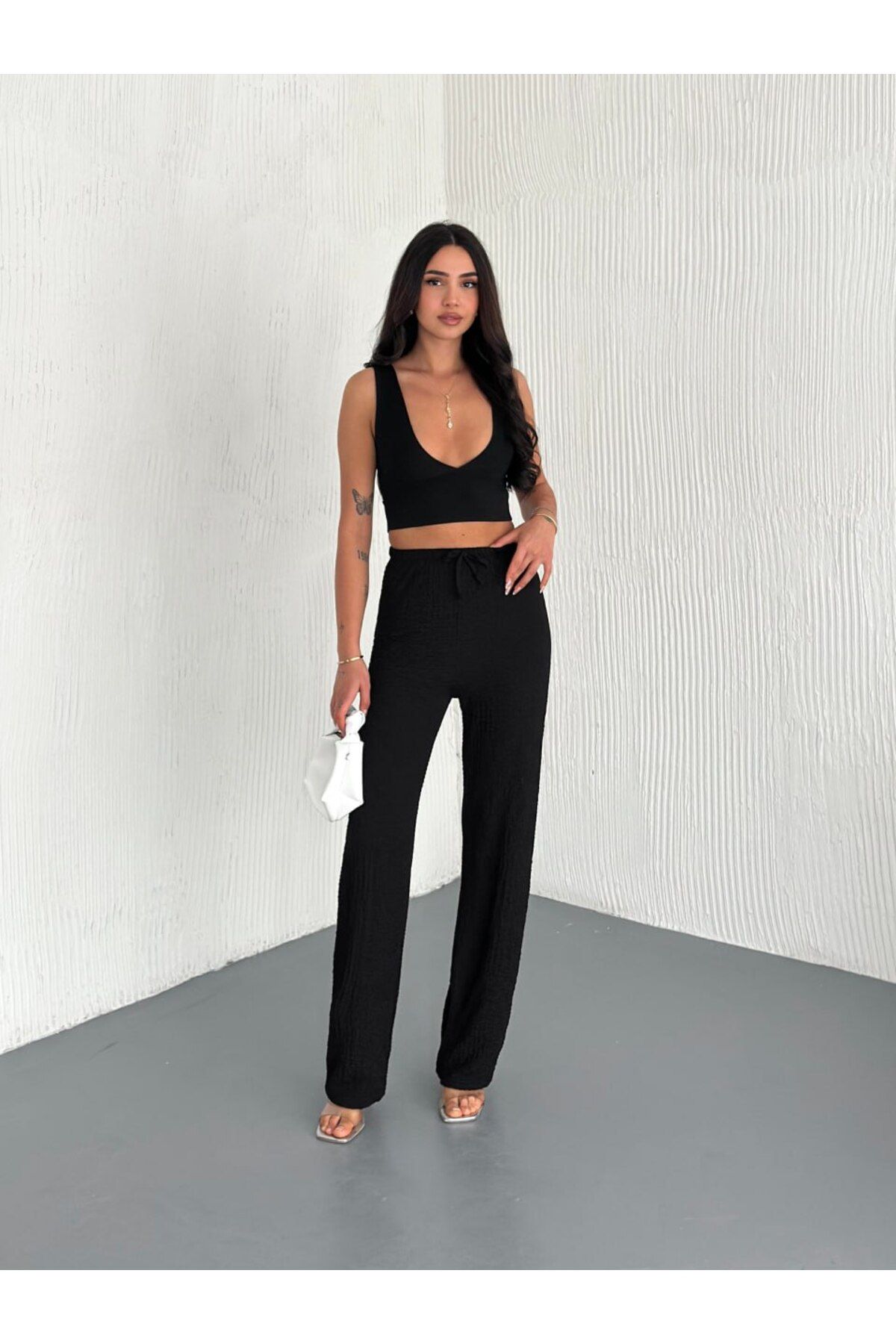 MODA Ola Siyah Gofre Pantolon