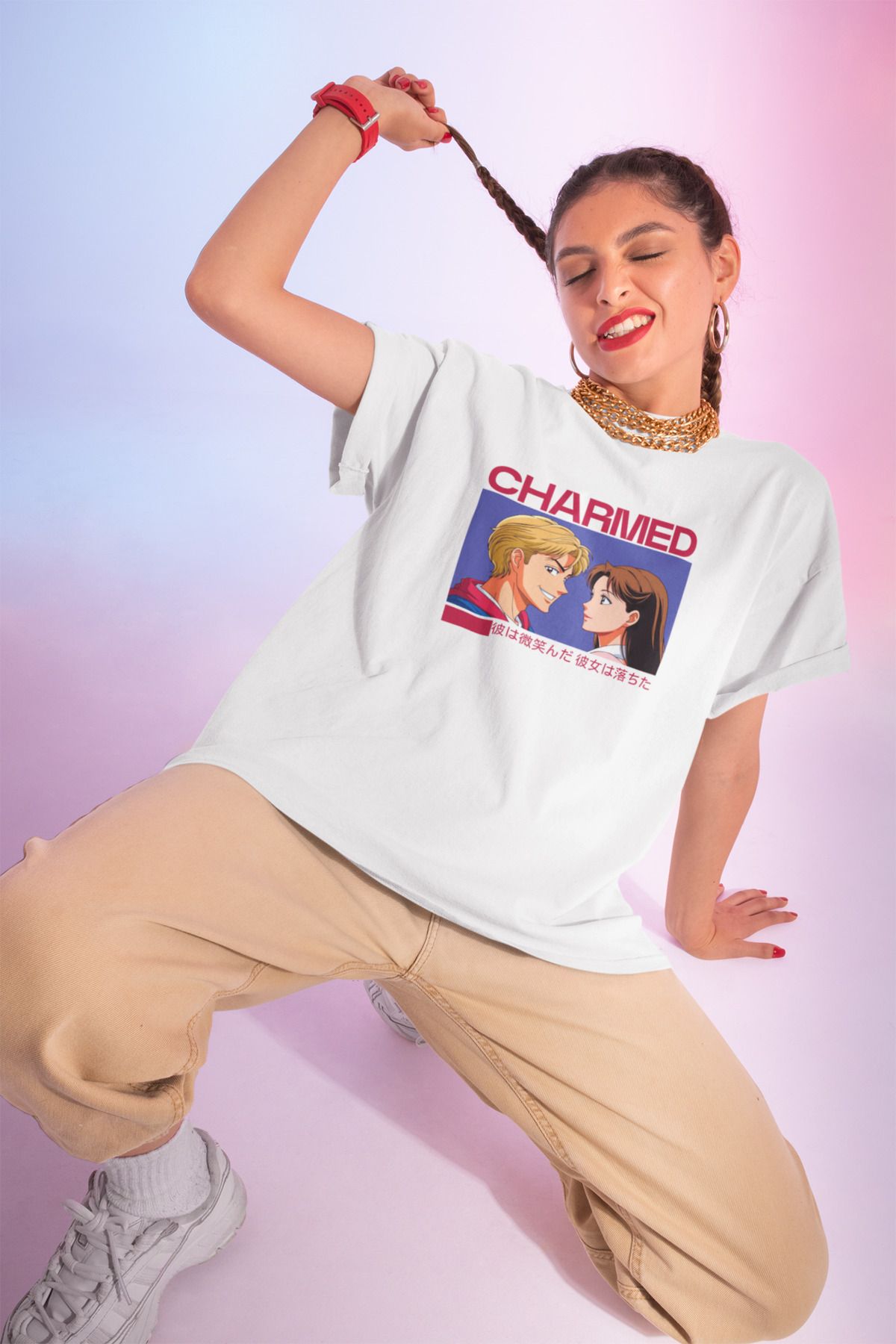 Was Plus Unisex Beyaz Oversize %100 Pamuklu "Charmed" Anime Baskılı Japon Stil Tasarım T-Shirt