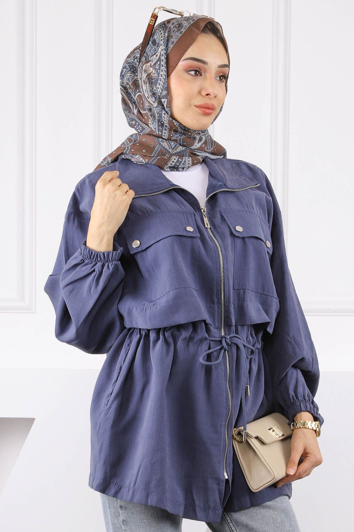 İmajButik Lacivert Bel Bağlamalı Çift Cepli Ceket
