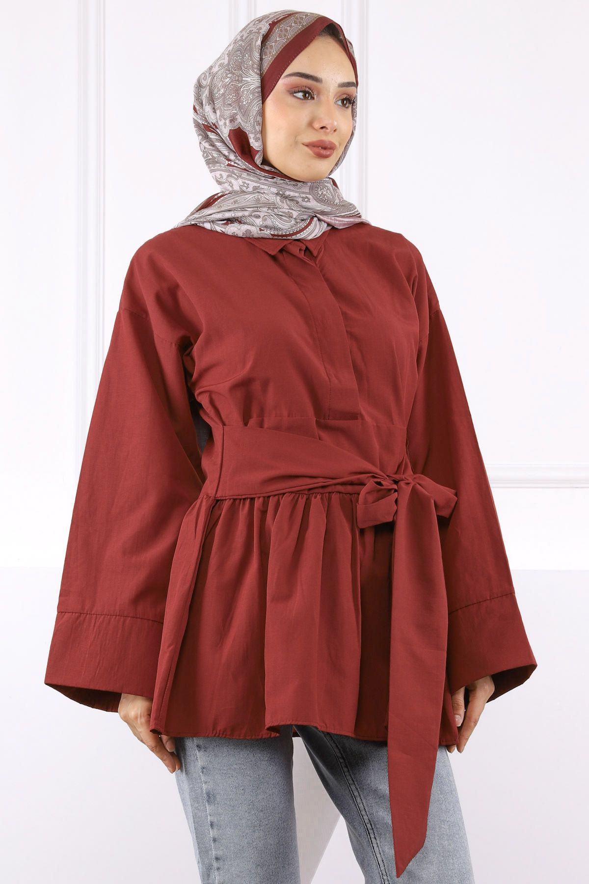 İmajButik Bordo Bel Kuşaklı Tunik