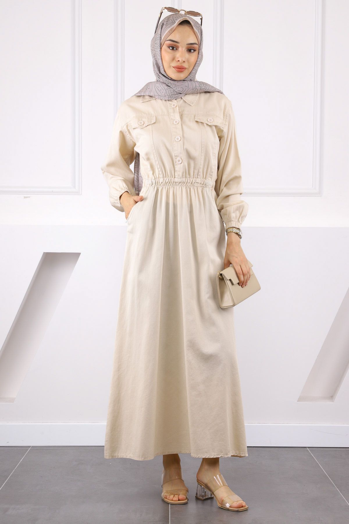 İmajButik Bej Bel Lastikli Cepli Gabardin Elbise