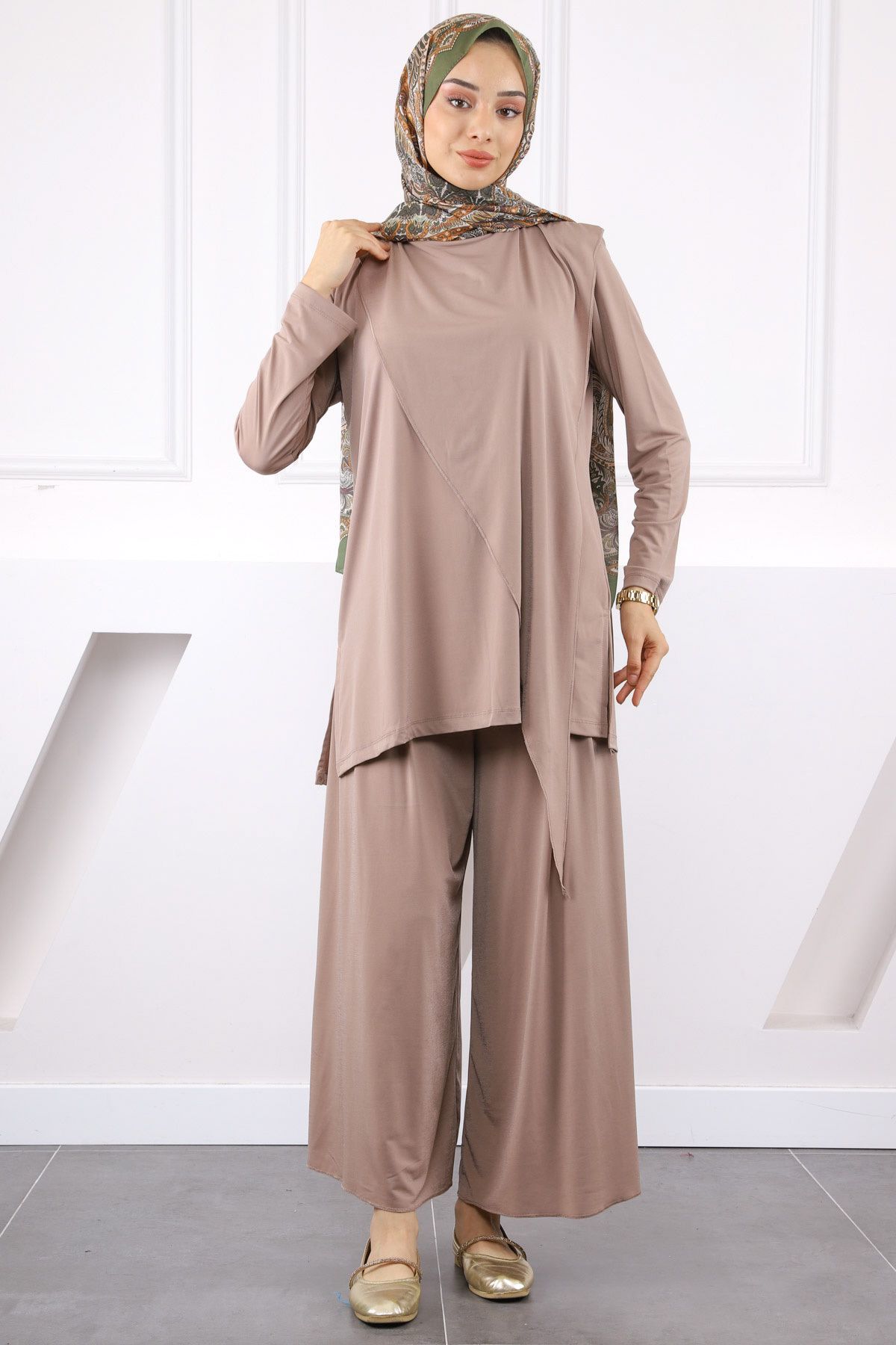 İmajButik Vizon Ön Detaylı Sandy Tunik Pantolon Takım