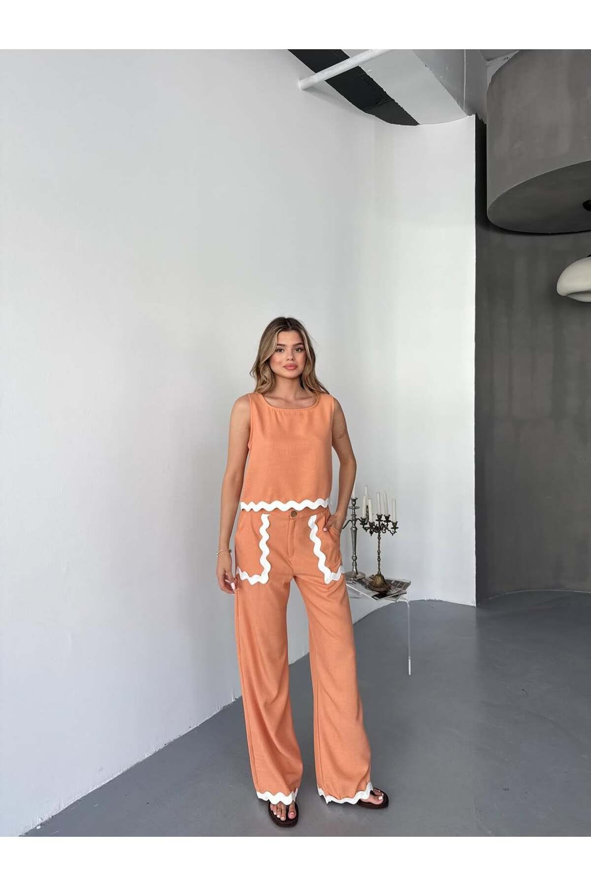 Bleu Petite Şerit Detay Keten Kumaş Bluz Pantolon Takım