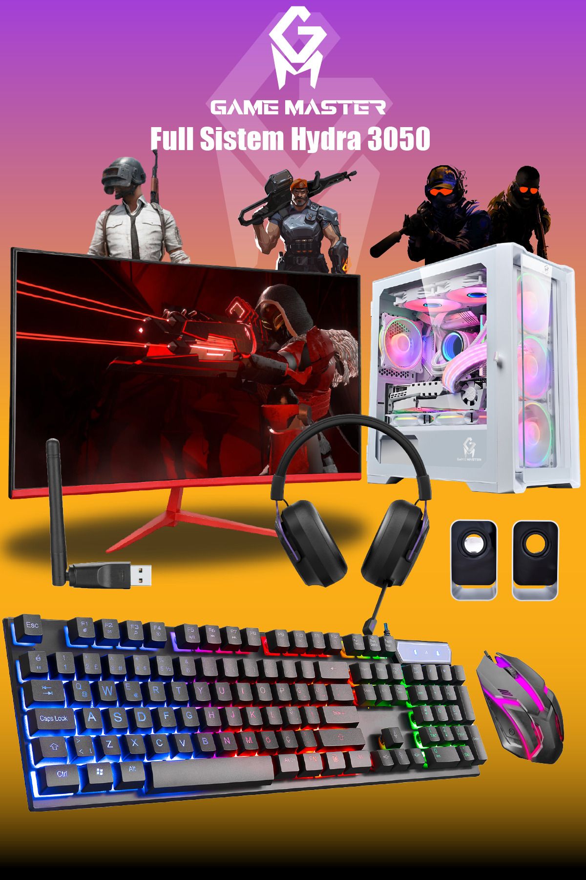 GM Game Master Hydra 3050 Full Sistem İntel i3-12100F 16GB RAM 512GB M2 RTX3050 23.8" 165hz Monitör Beyaz Gaming Pc