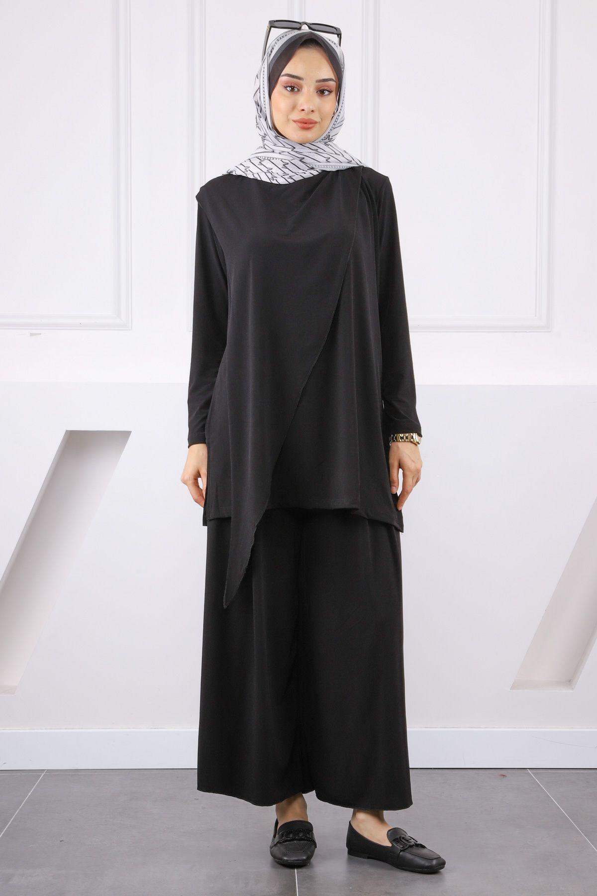 İmajButik Siyah Ön Detaylı Sandy Tunik Pantolon Takım