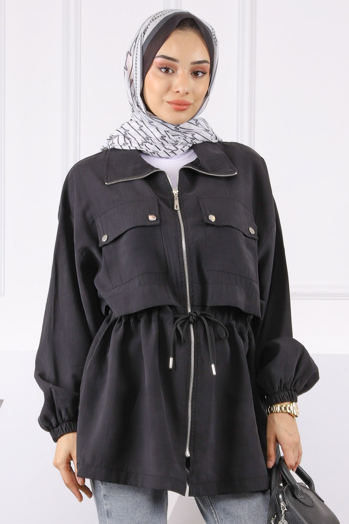 İmajButik Siyah Bel Bağlamalı Çift Cepli Ceket