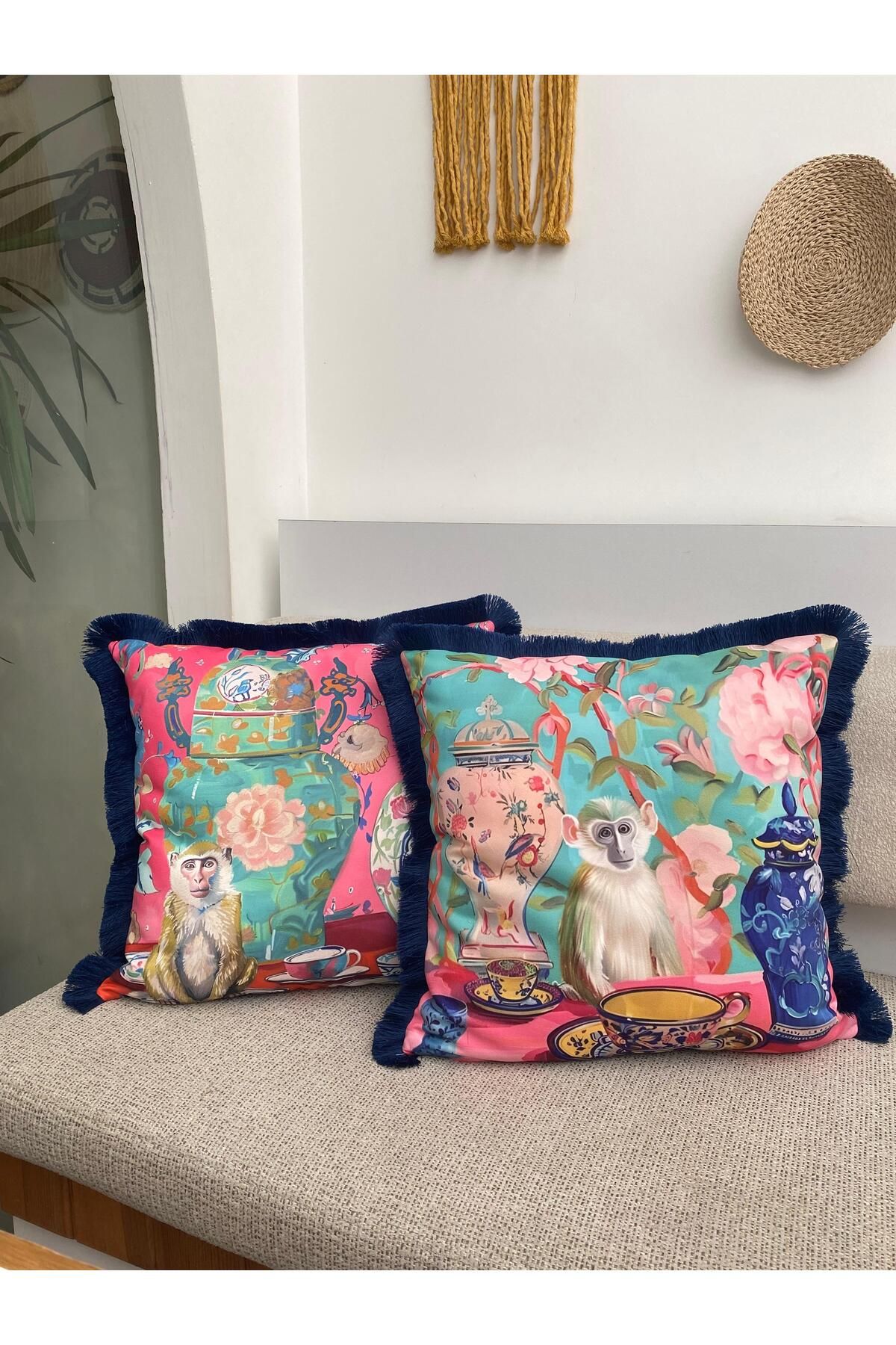 RahanDesign Maymun Desenli Çift Taraflı Saçaklı 2li Dekoratif Kırlent Kılıfı Seti - 43x43cm- Kırlent Kılıfı Seti