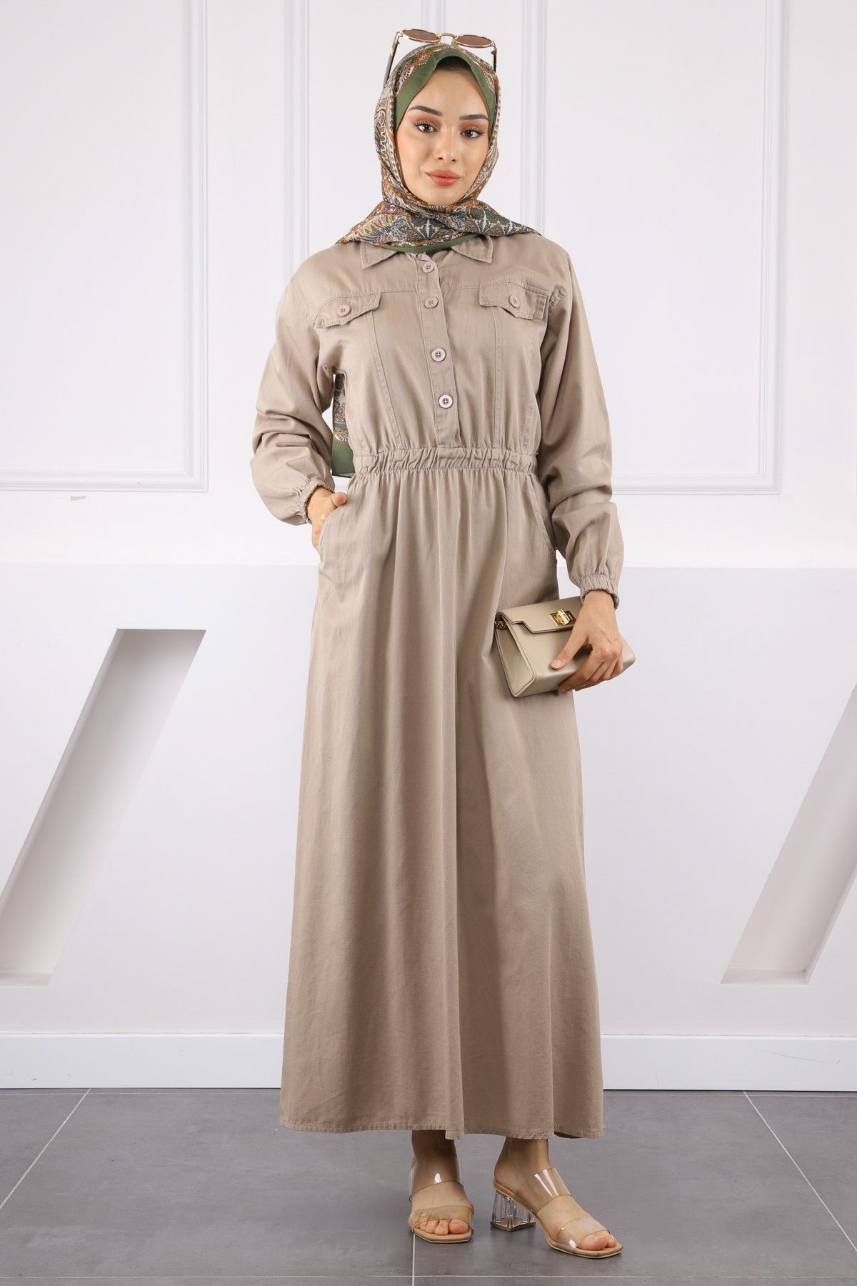 İmajButik Vizon Bel Lastikli Cepli Gabardin Elbise