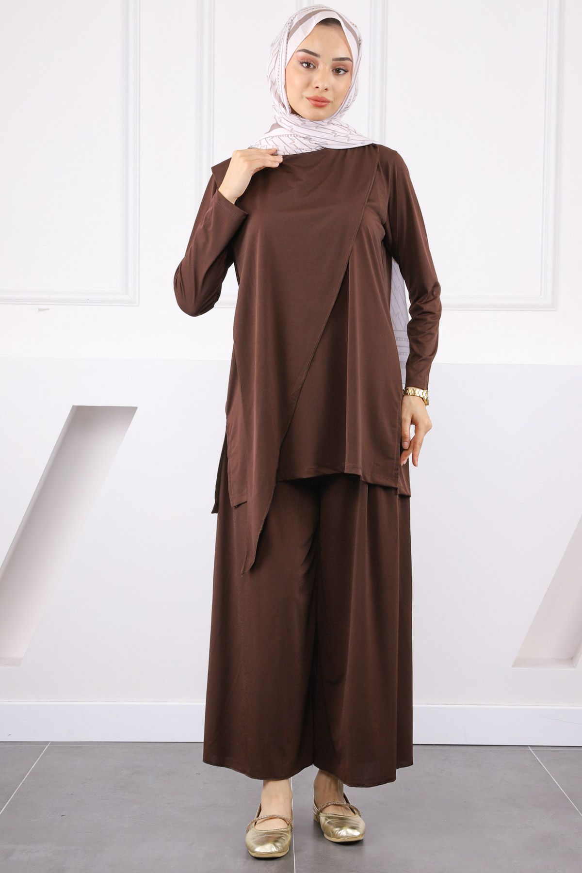 İmajButik Kahverengi Ön Detaylı Sandy Tunik Pantolon Takım