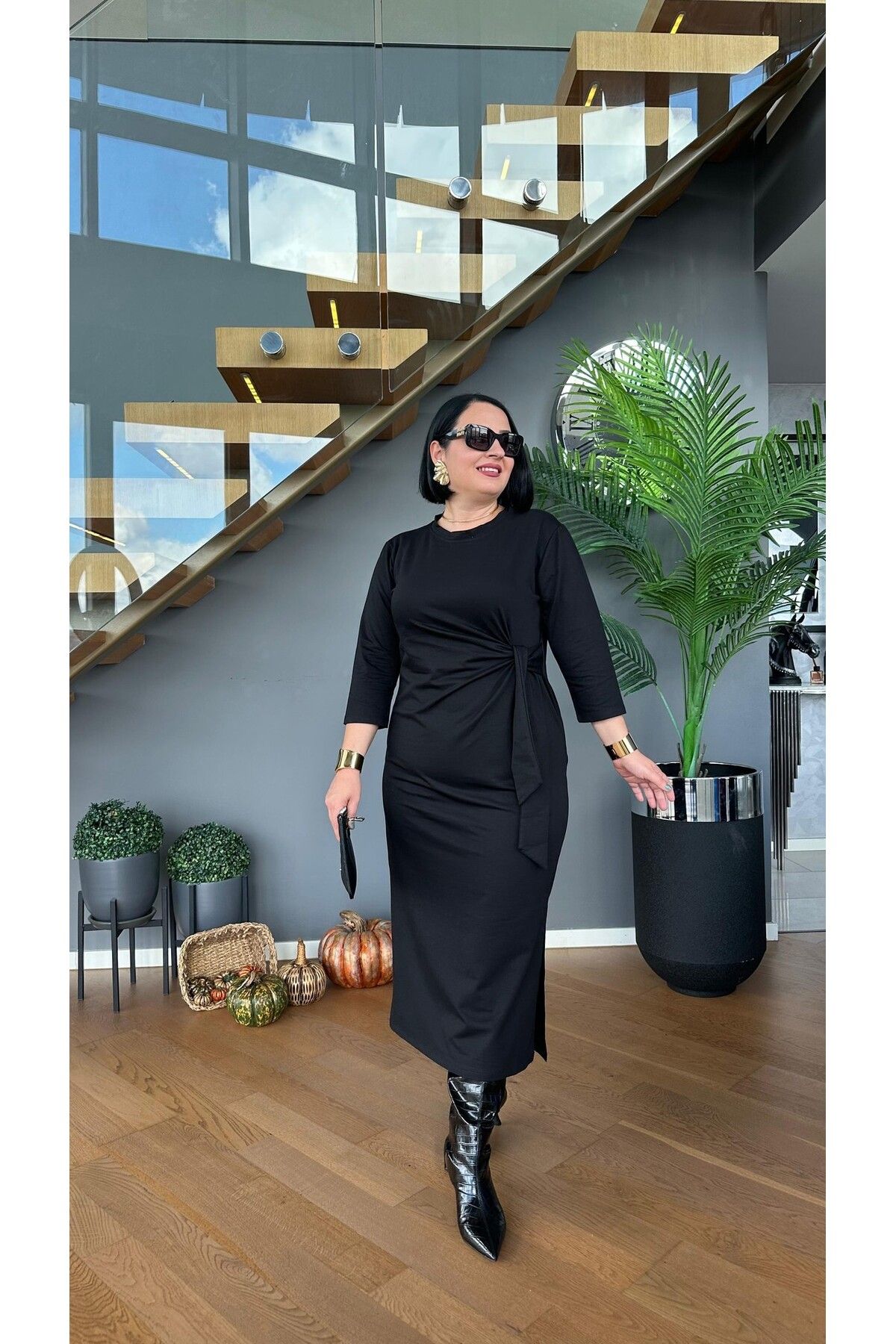 Vio Moda Büyük Beden Bağlama Detaylı Elbise